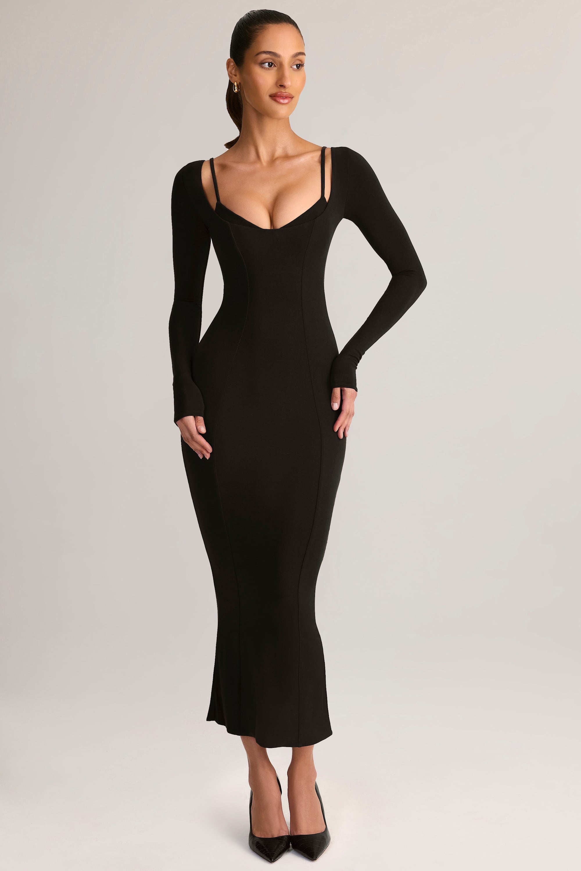 black long sleeve scoop neck dress Modal Peekaboo Long-Sleeve Midi in - XXS Days:3 Days 4 Colors S-3XL 2023 Spaghetti-Straps Thigh length