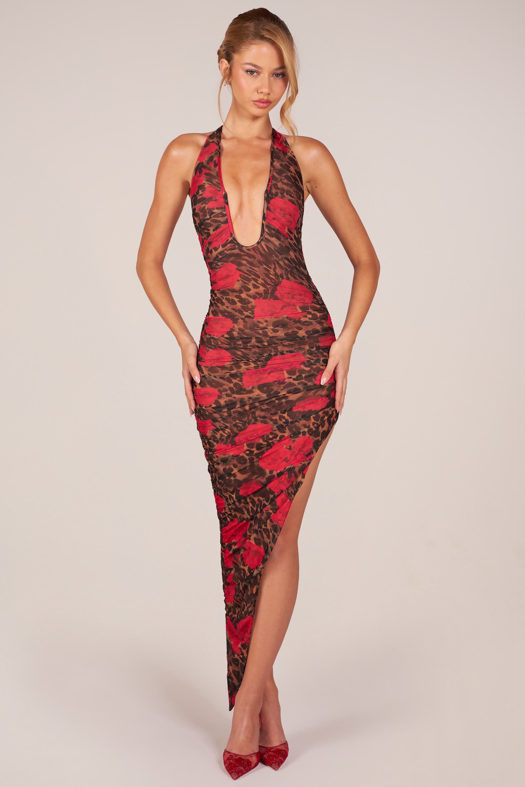 Storie Halterneck Split Hem Midaxi Dress in Rose Leopard Print