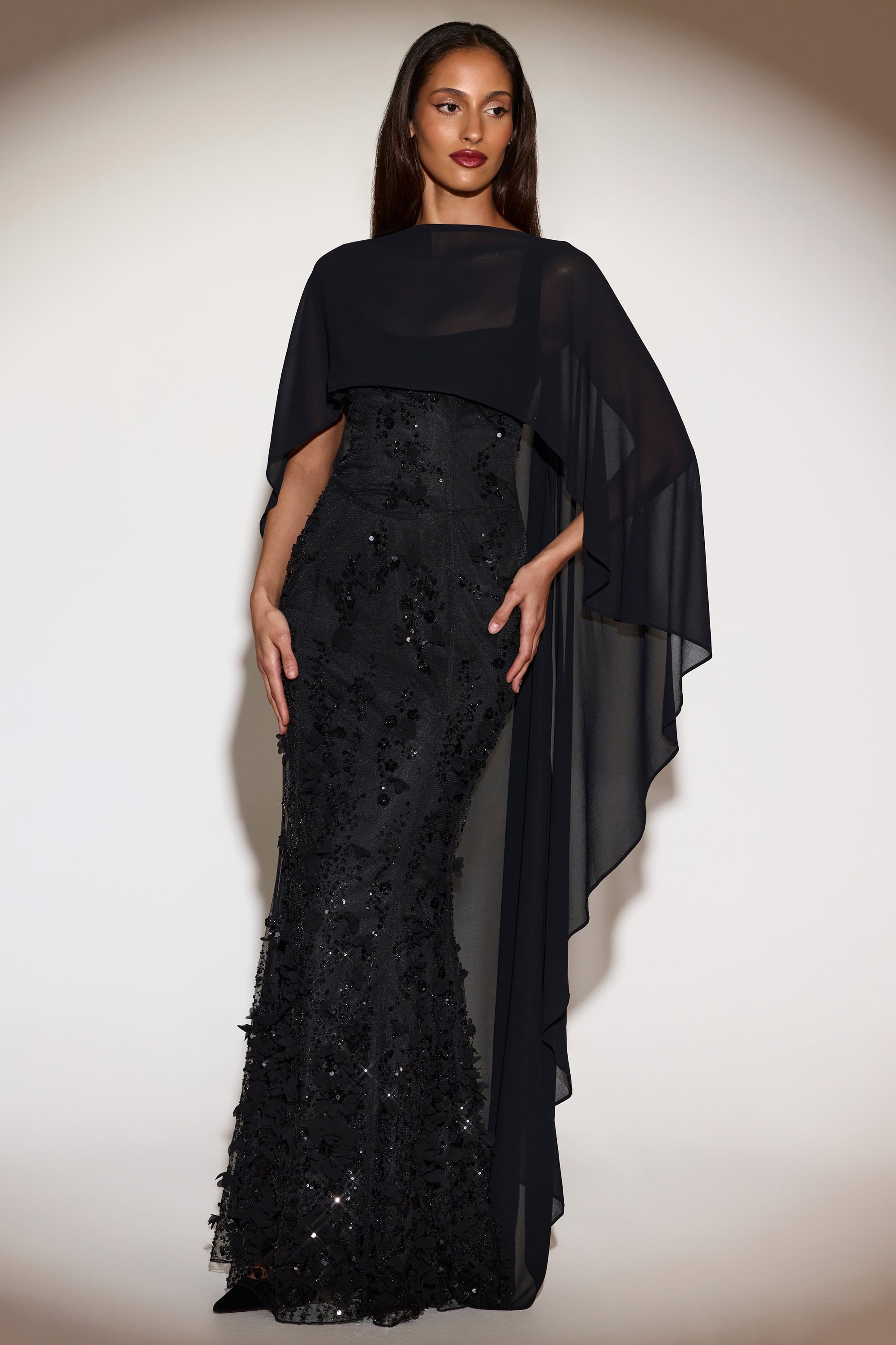 Jovelle Chiffon Draped Cape in Black | Oh Polly