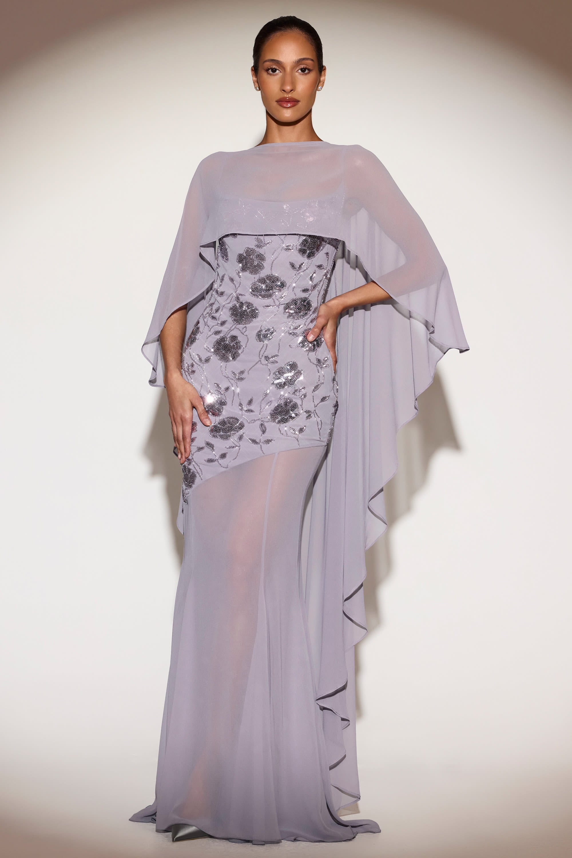 semi sheer chiffon ruffle dress with outer cape Sheer Chiffon Draped Cape in Lilac - One Size
