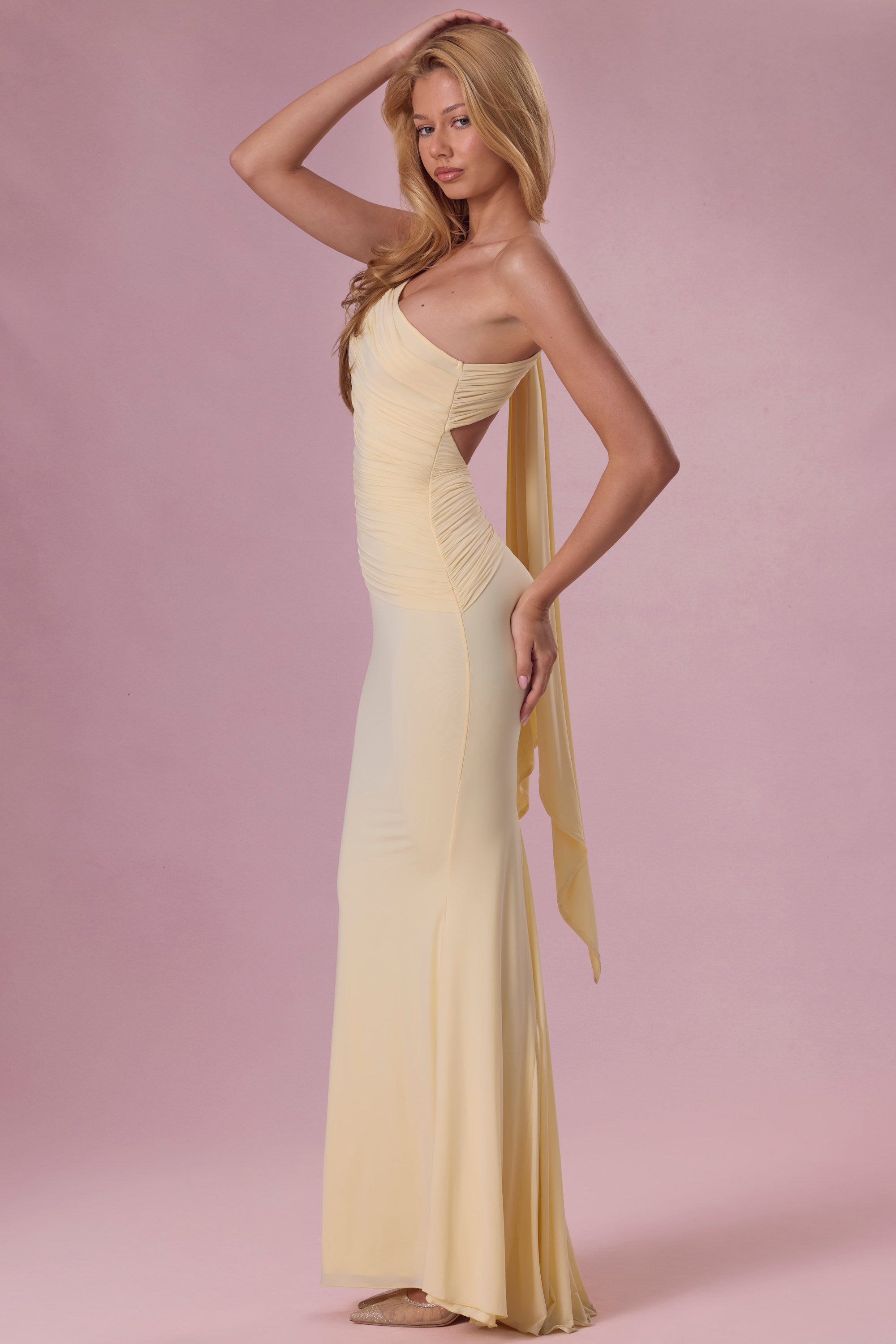 Annelise Premium Jersey One-Shoulder Gown in Butter Yellow