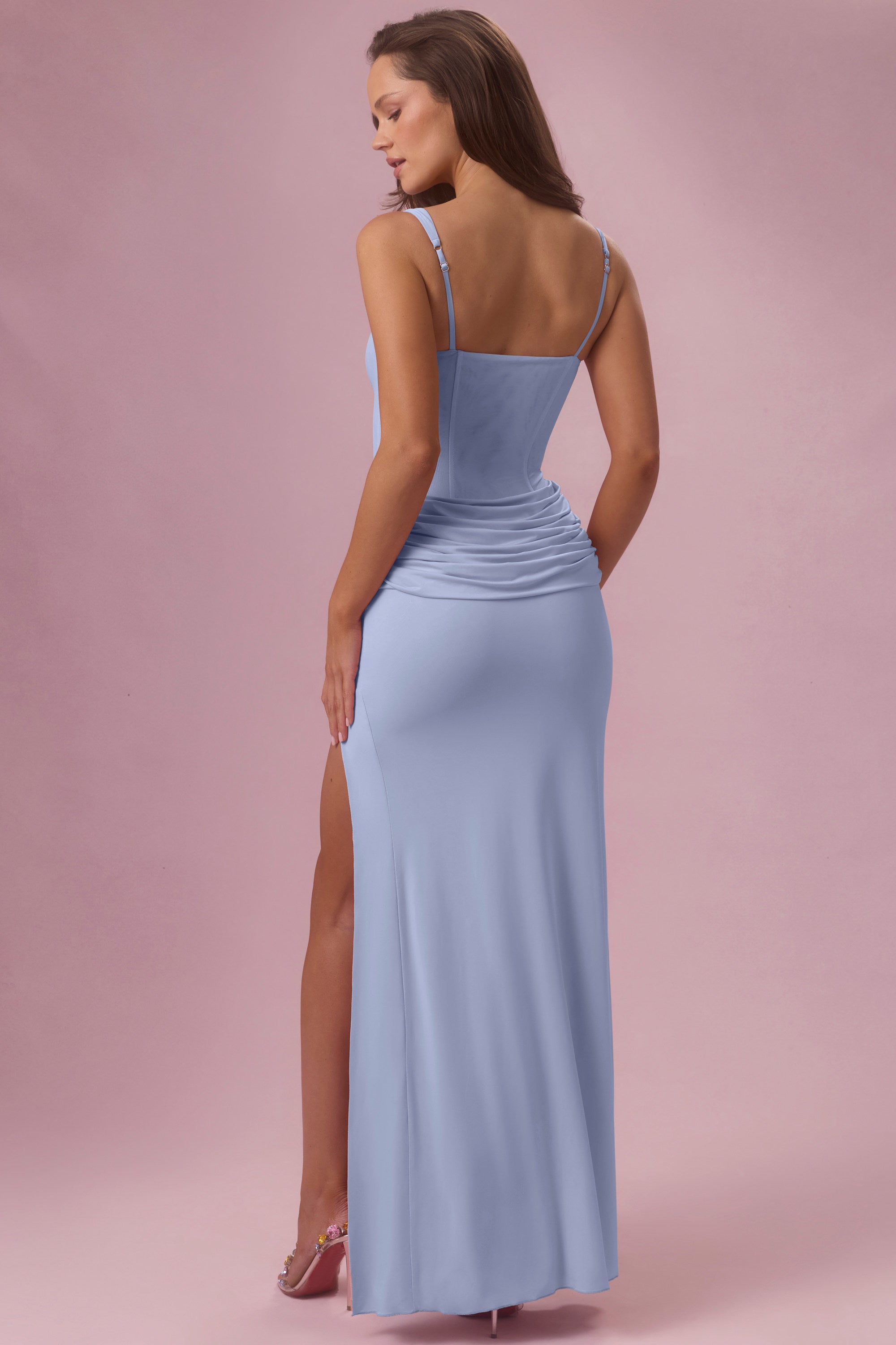 Rosina Premium Mesh Draped Gown in Powder Blue