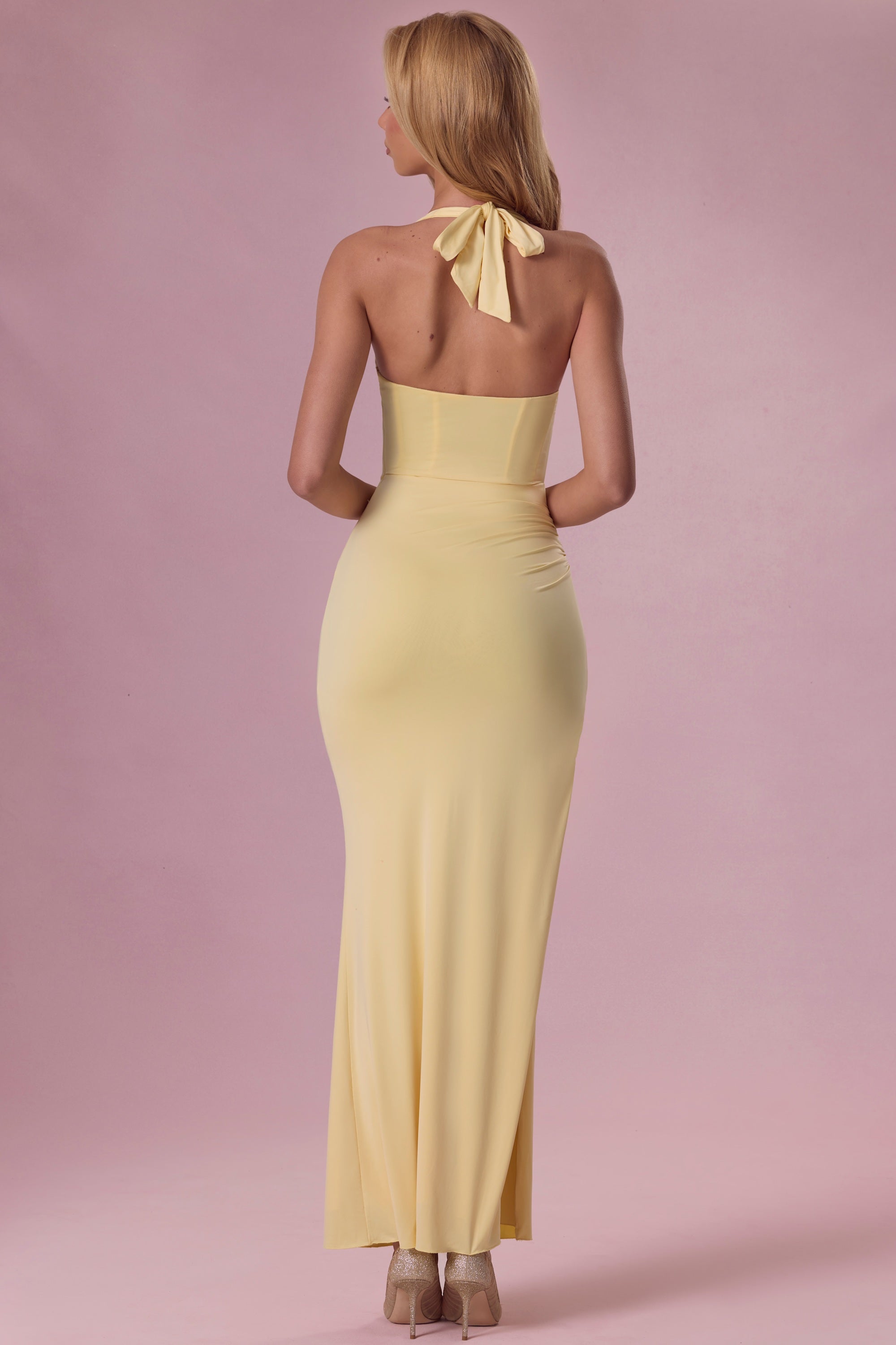 Olivette Premium Jersey Draped Corset Gown in Butter Yellow