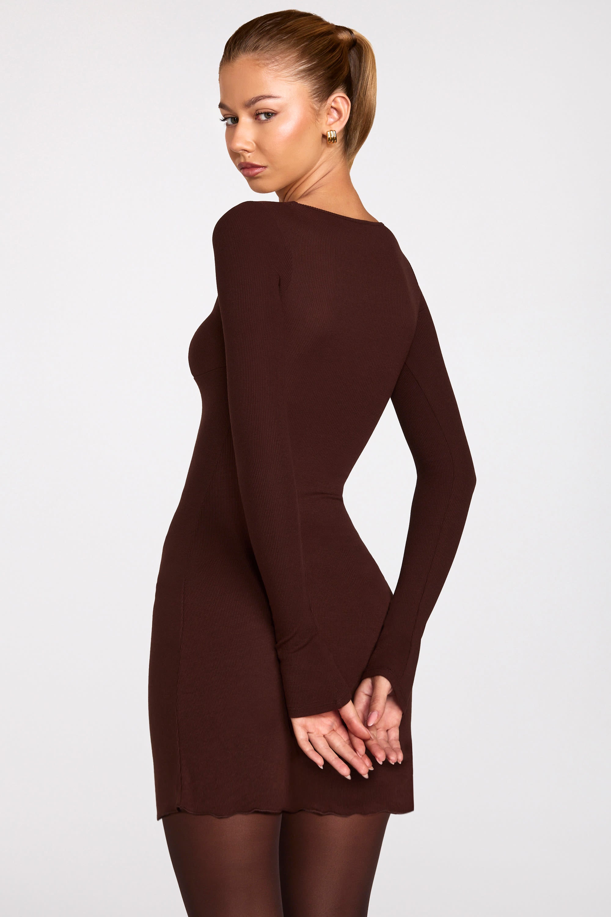 Ribbed Modal Long-Sleeve Laced Bra Mini Dress in Chocolate Brown - S