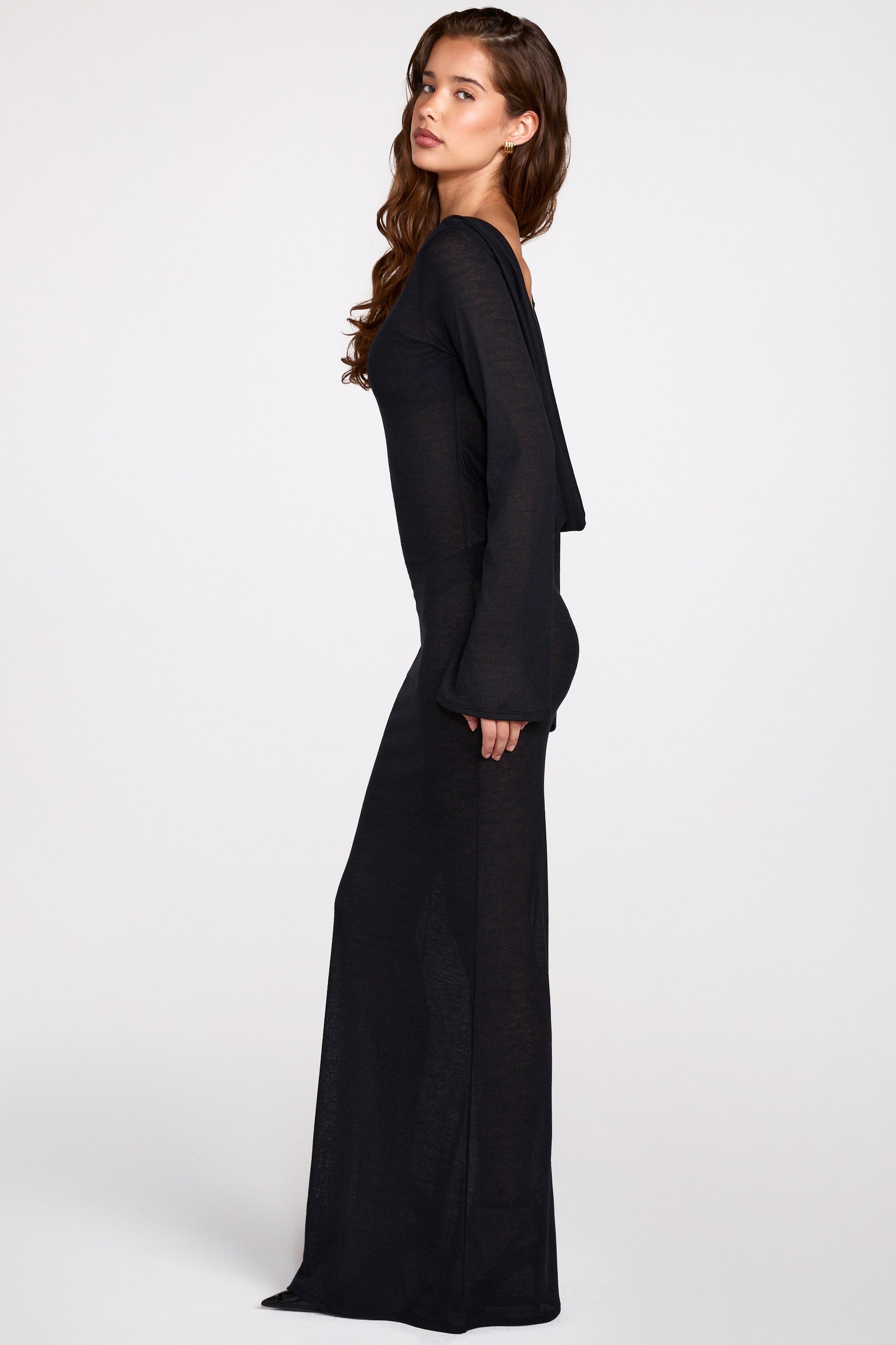 Sheer Jersey Long-Sleeve Backless Maxi Dress in Black - Xs