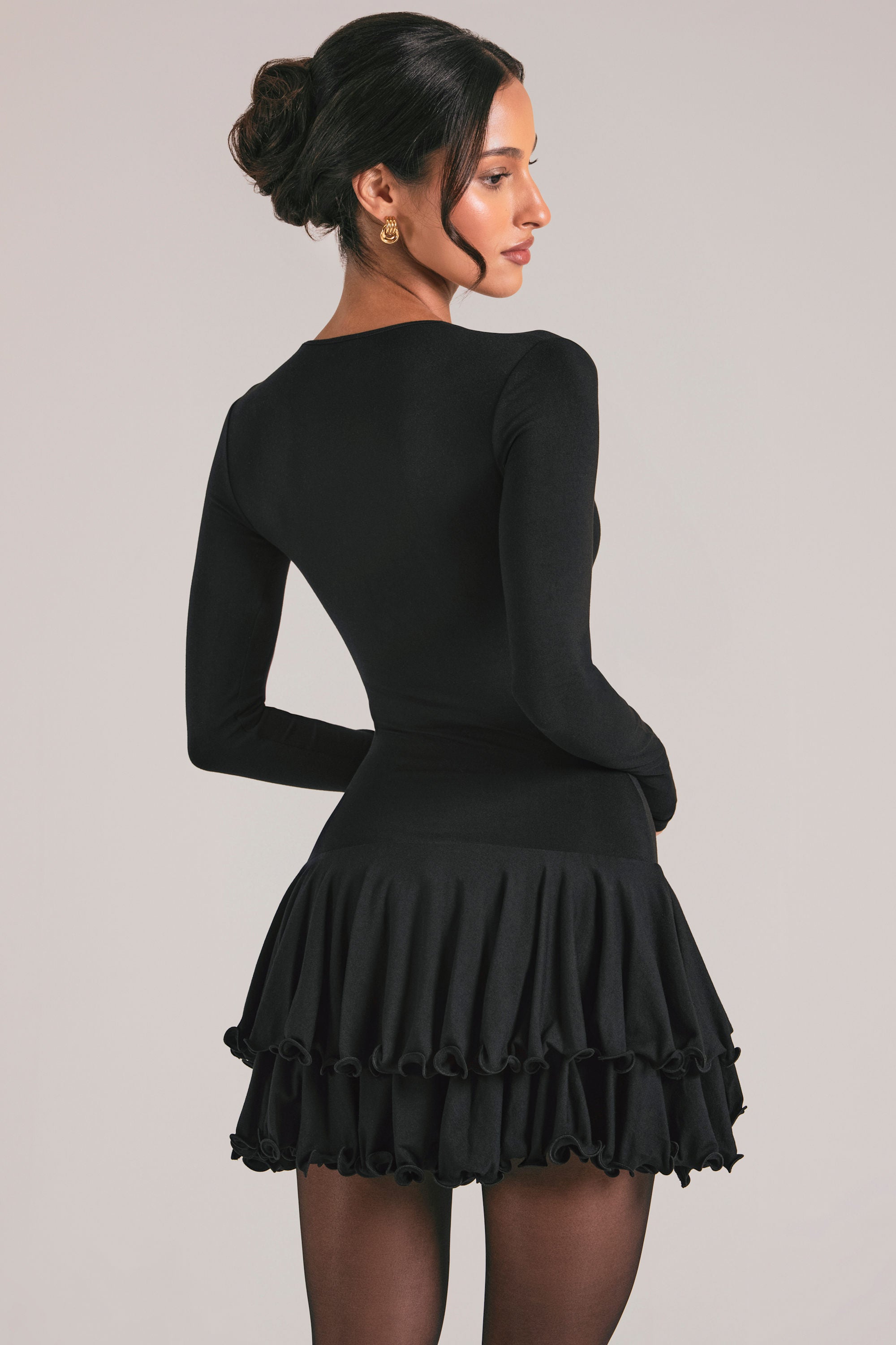 V-Neck Ruffle Skirt Mini Dress in Black - XXS