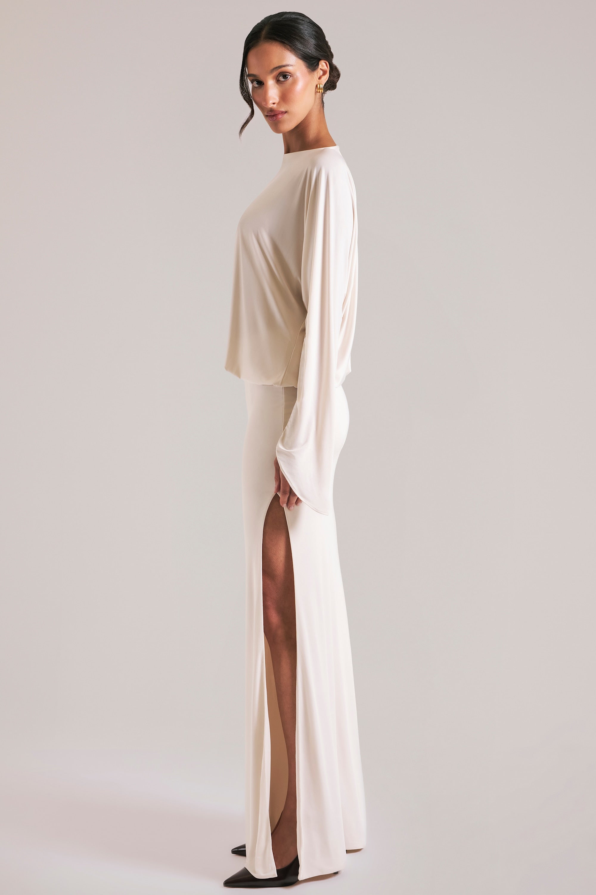 Lani Long-Sleeve Draped Maxi Dress in Ivory | Oh Polly