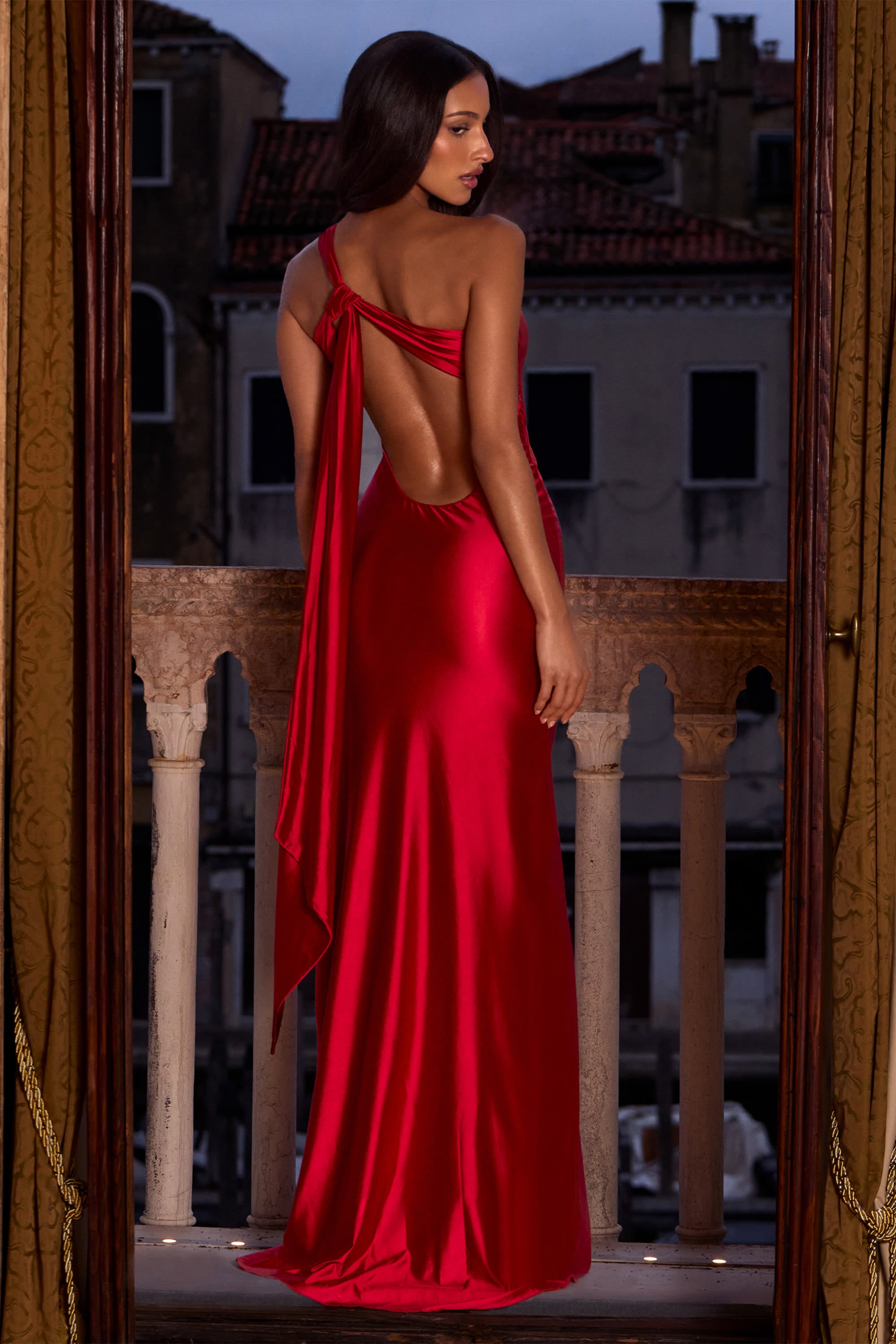 Adelina Asymmetric Tie-Back Gown in Rose Red | Oh Polly Adelina Asymmetric Tie-Back Gown in Rose Red | Oh Polly