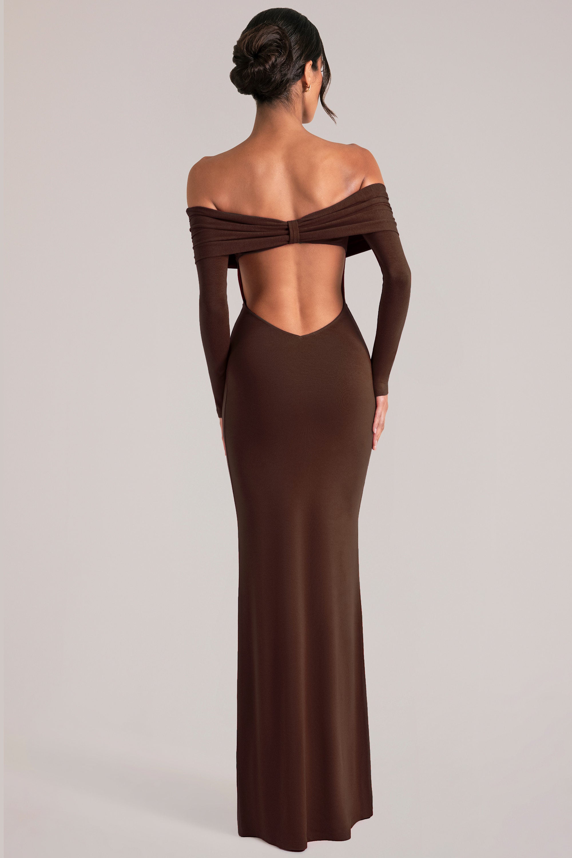 fitted lace wedding dress Depny Off-Shoulder Long -Sleeve Maxi Dress in Chocolate Brown