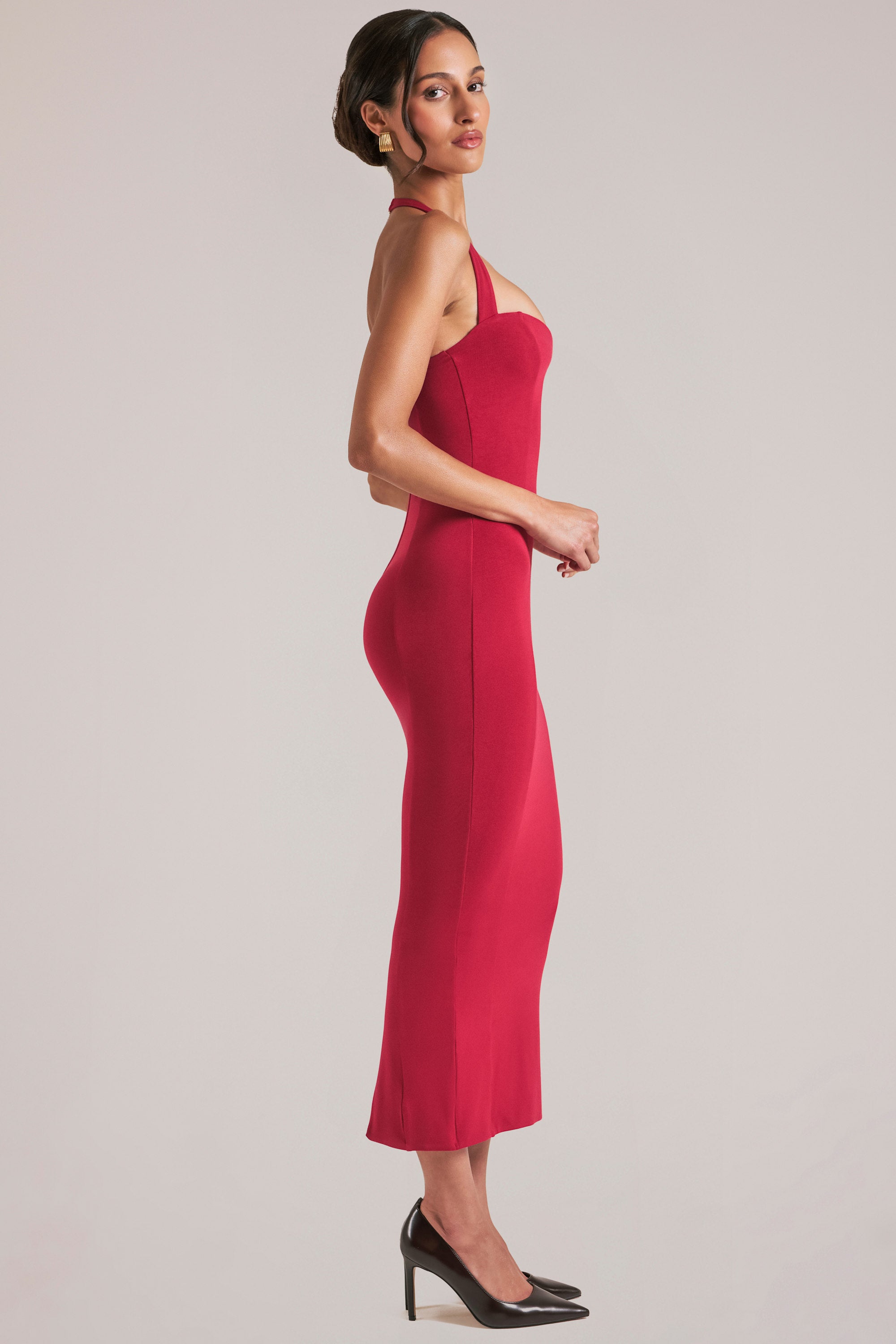open lace back dress Landen Halterneck Midaxi Dress in Cherry Red