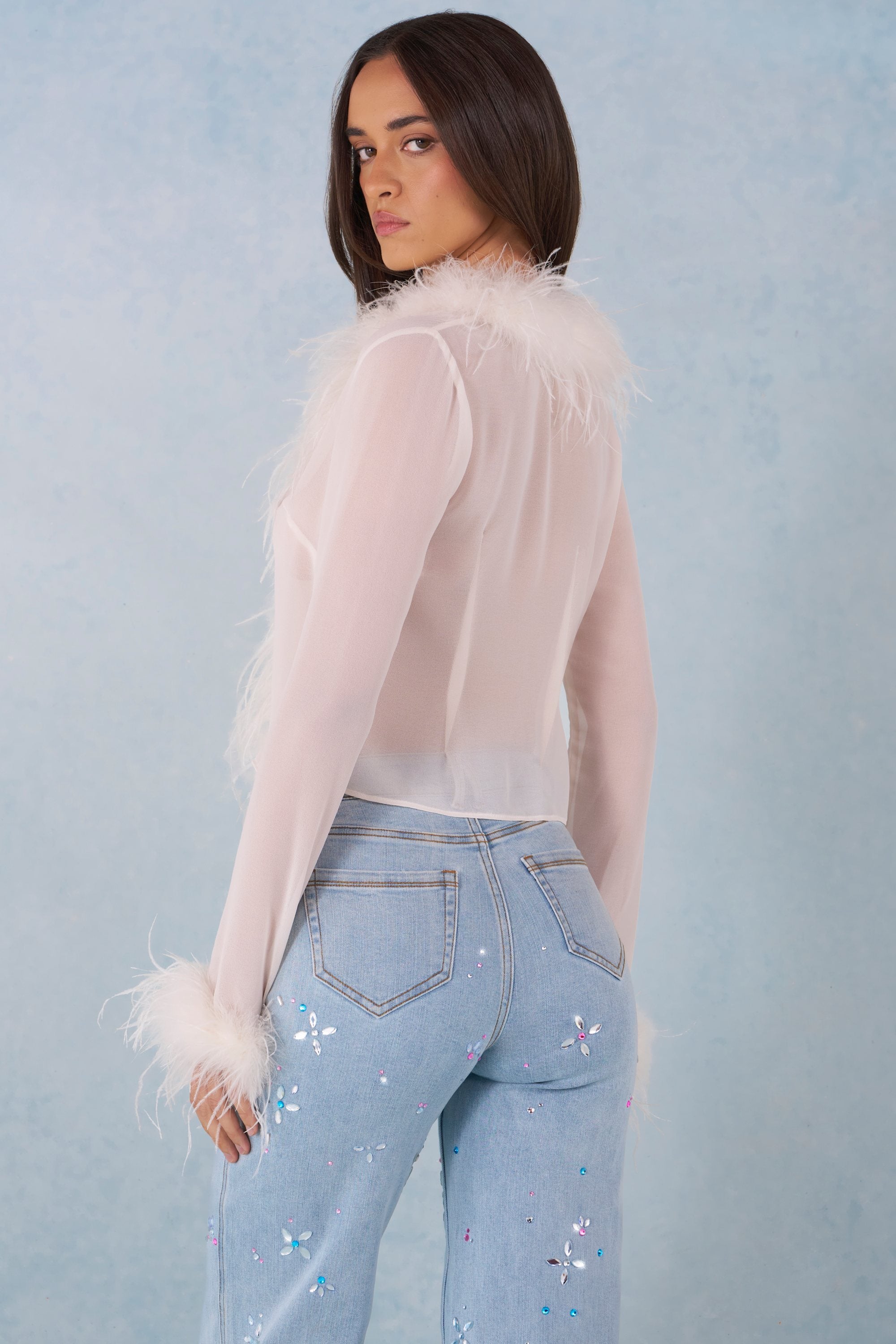 Elisia Faux Fur-Trim Sheer Top in Ivory | Oh Polly
