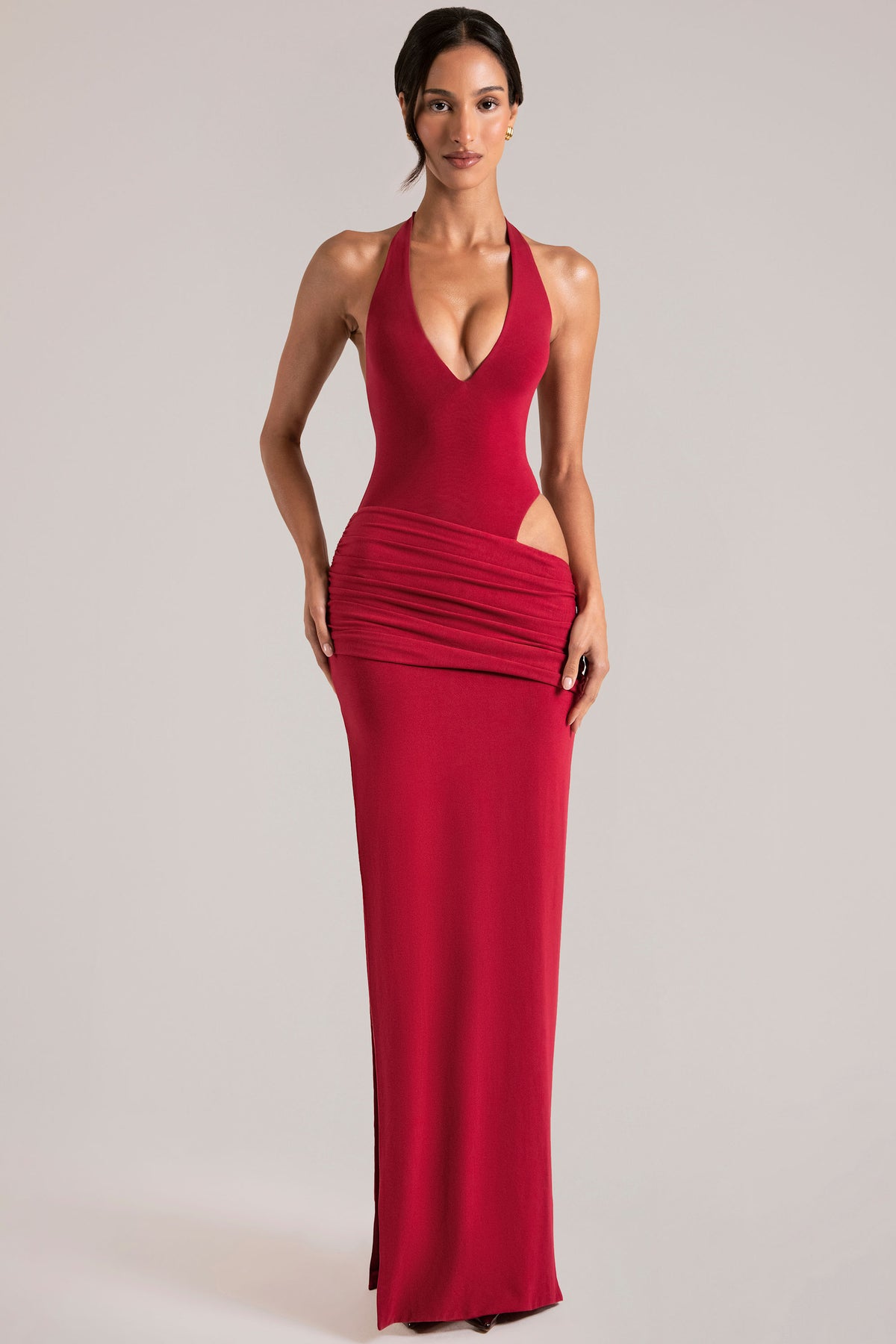 Deep Plunge Halterneck Maxi Dress in Cherry Red - XXS