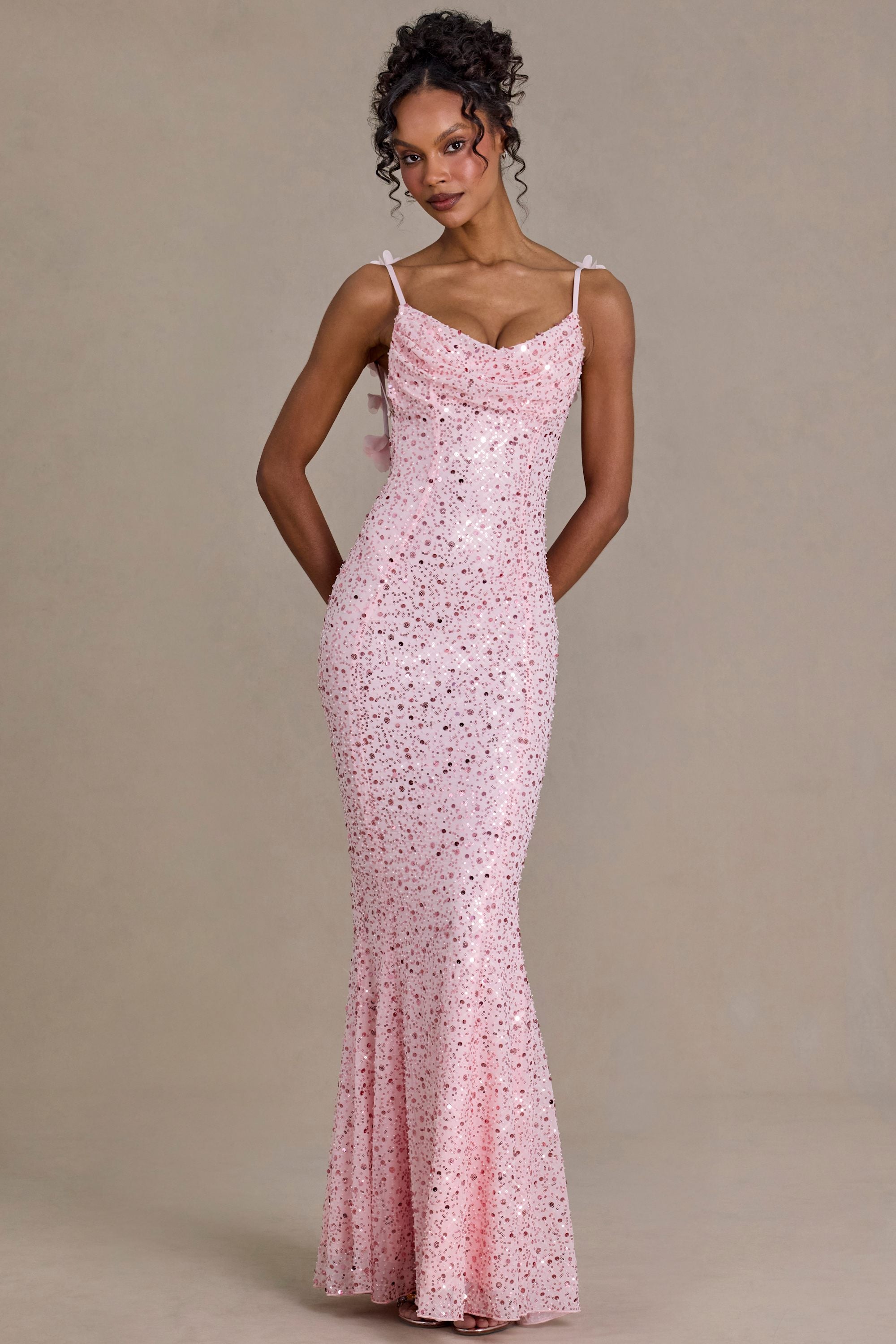 Embellished Open-Back Maxi Dress in Baby Pink - M