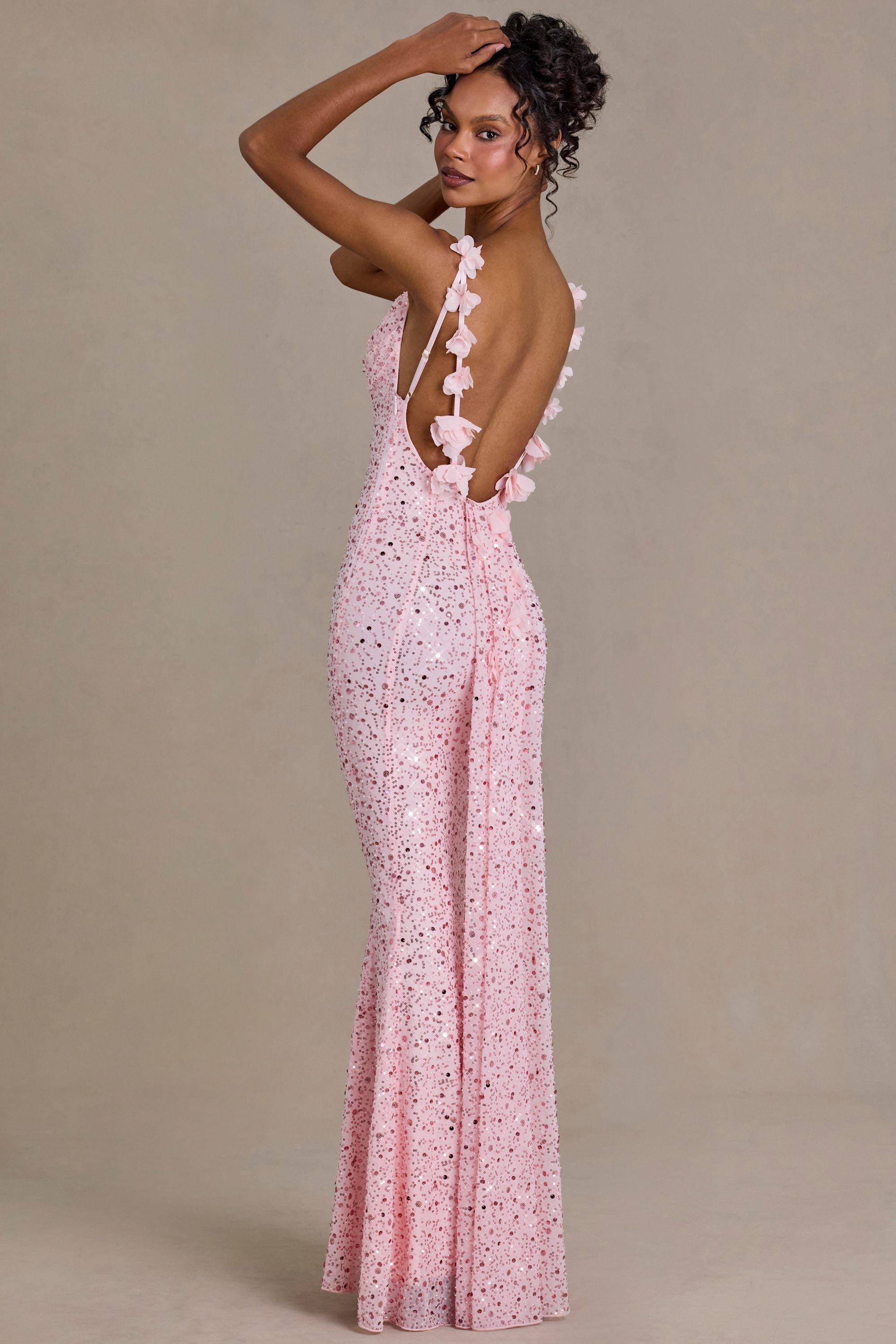 Ariette Premium Embellished Open-Back Maxi Dress in Baby Pink
