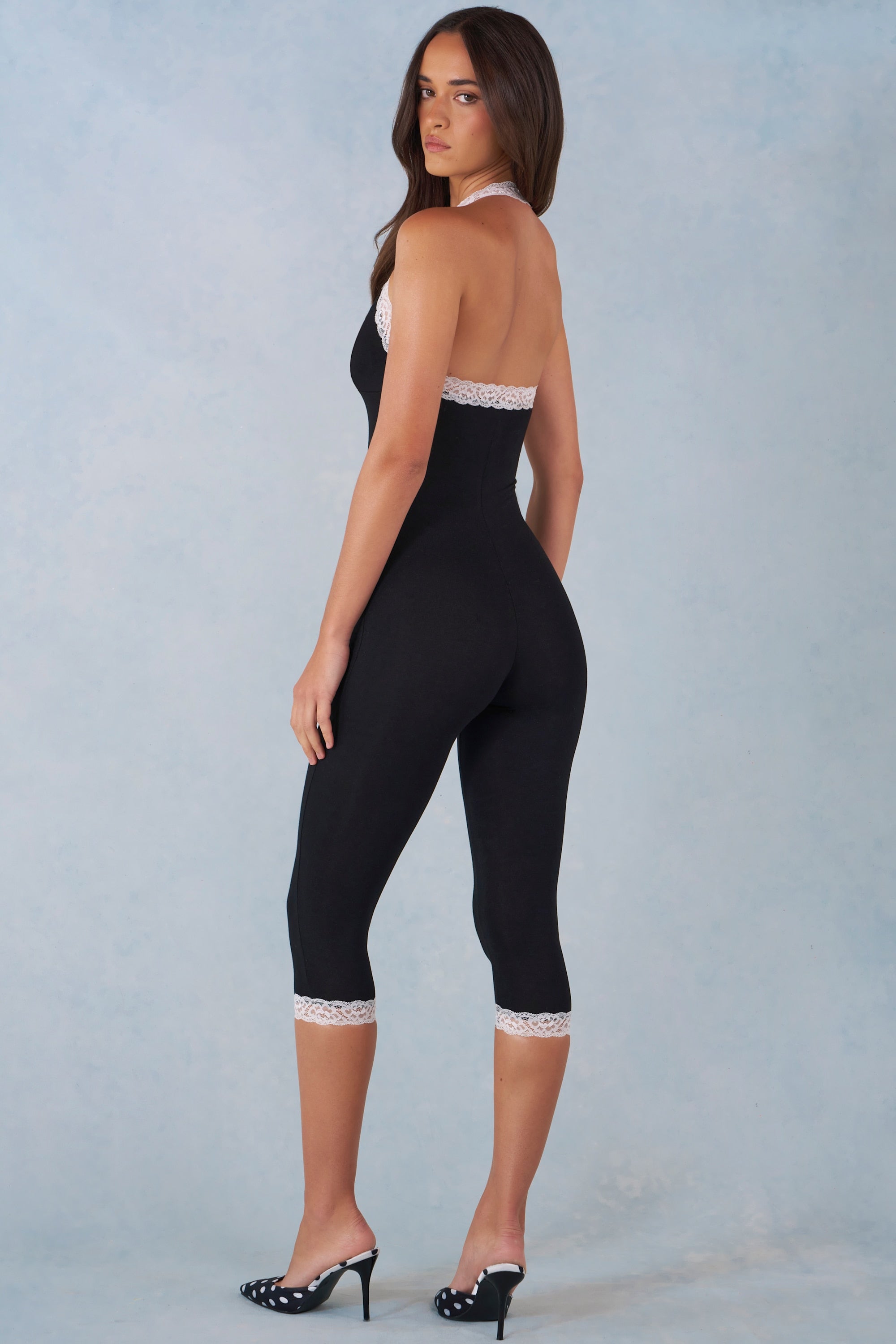 Calla Modal Lace-Trim Capri Jumpsuit in Black | Oh Polly