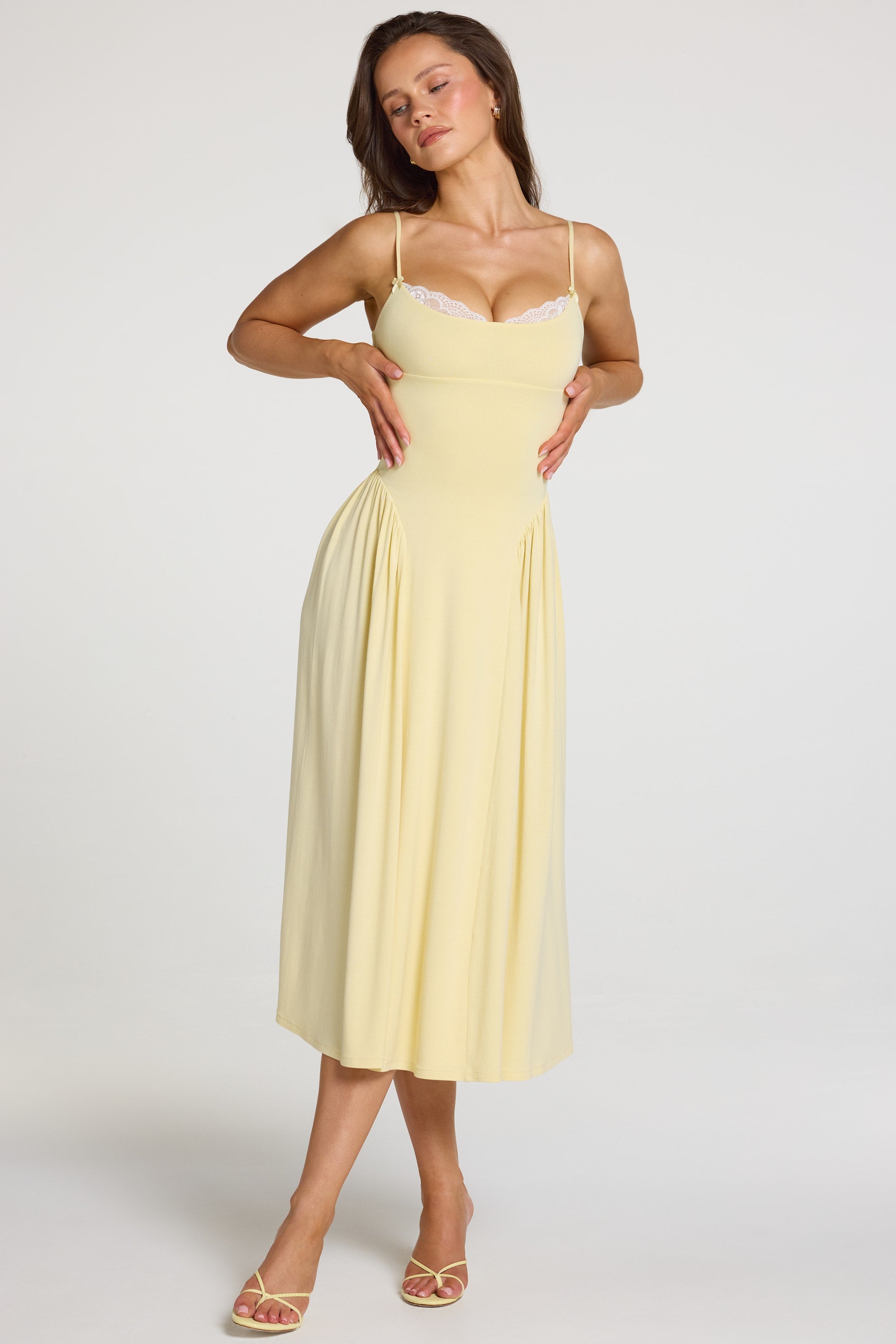 pastel midi dresses Modal Lace-Trim Midaxi Dress in Pastel Yellow - XXS