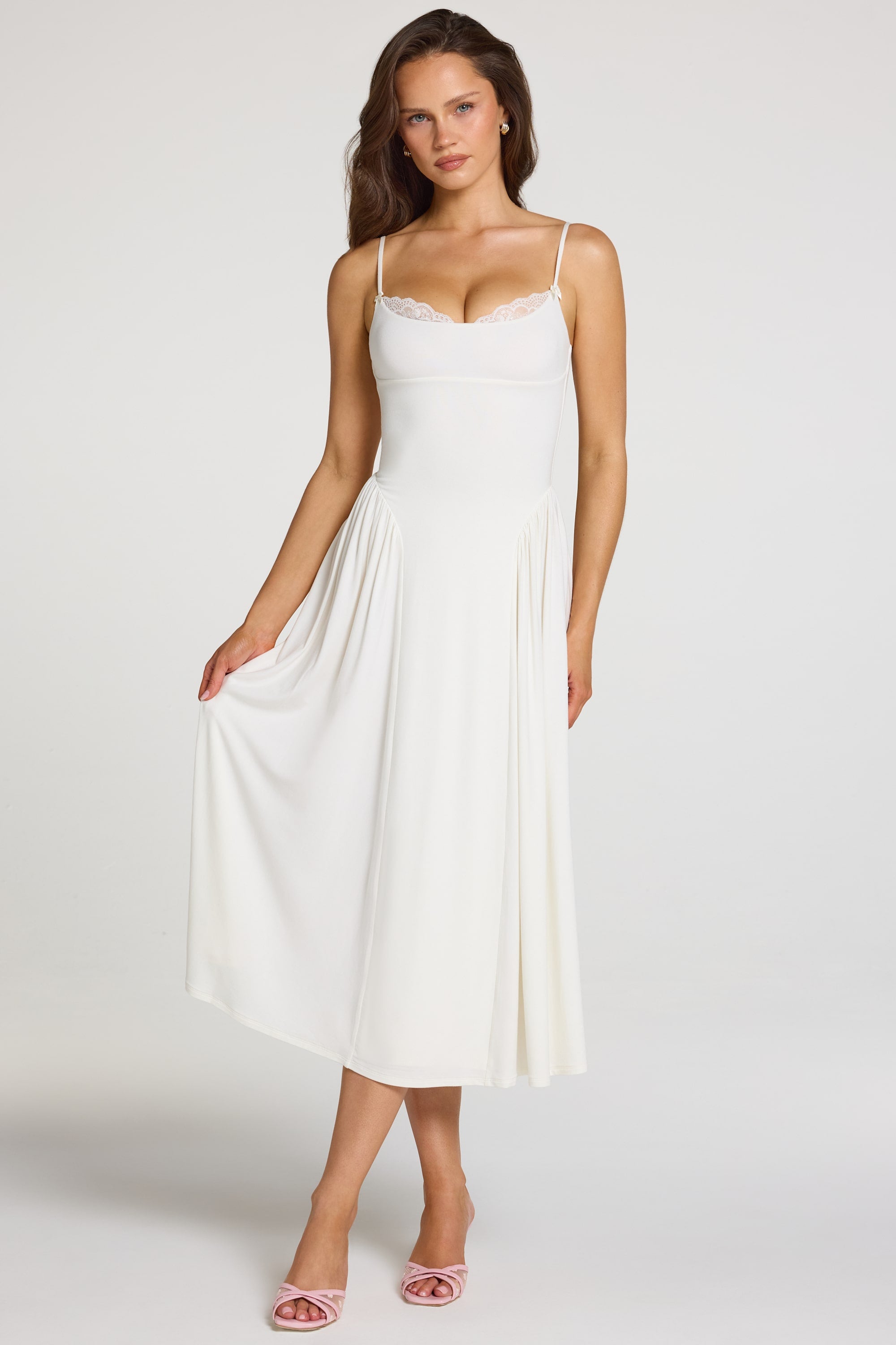 Modal Lace-Trim Midaxi Dress in White - S
