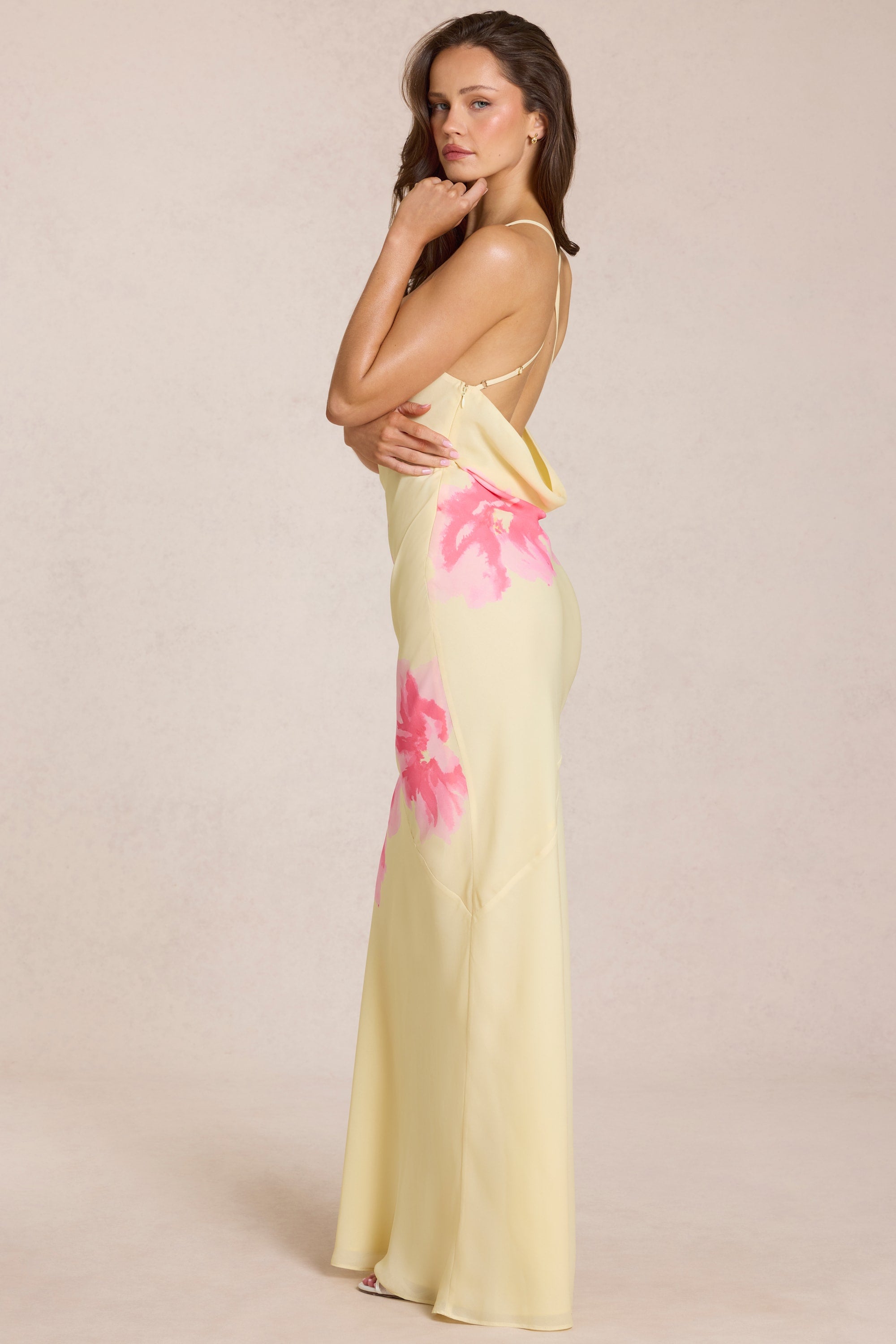 yellow dress with pink flowers Chiffon Maxi Dress in Yellow Floral Print - XXS
