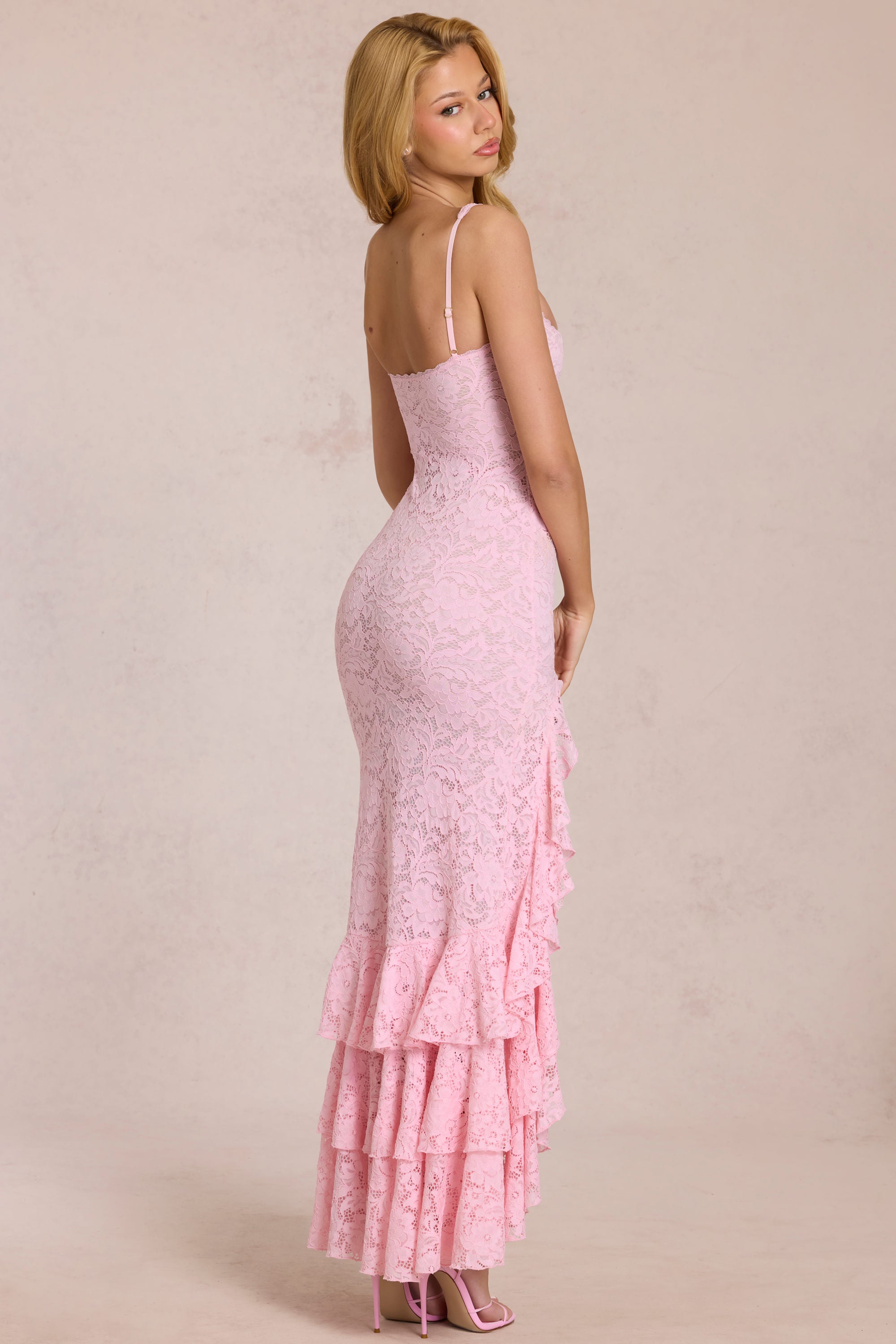 Lace Ruffle Maxi Dress in Blossom Pink - S | Oh Polly Lace Ruffle Maxi Dress in Blossom Pink - S | Oh Polly