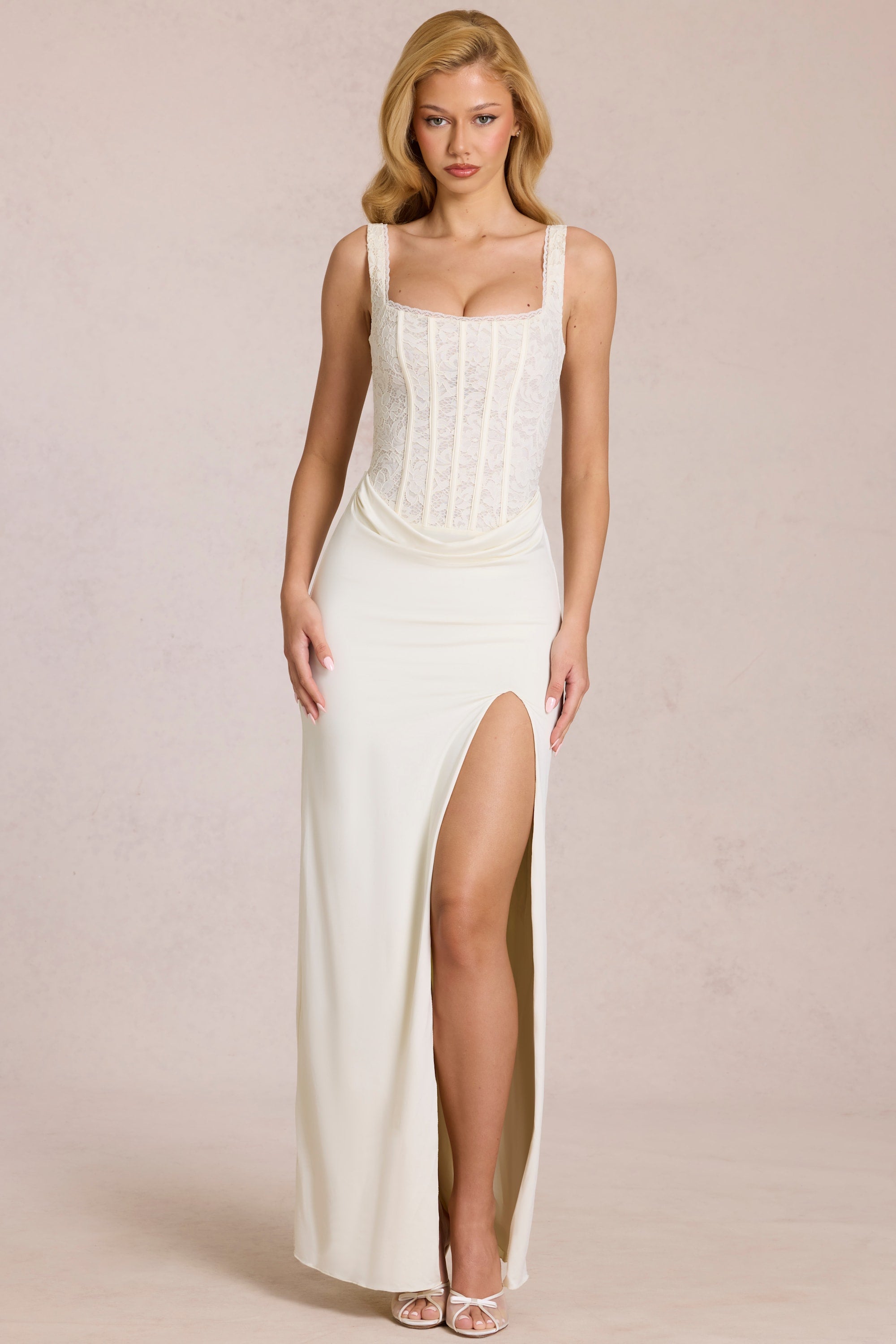 Lace Corset Maxi Dress in Pearl - 14