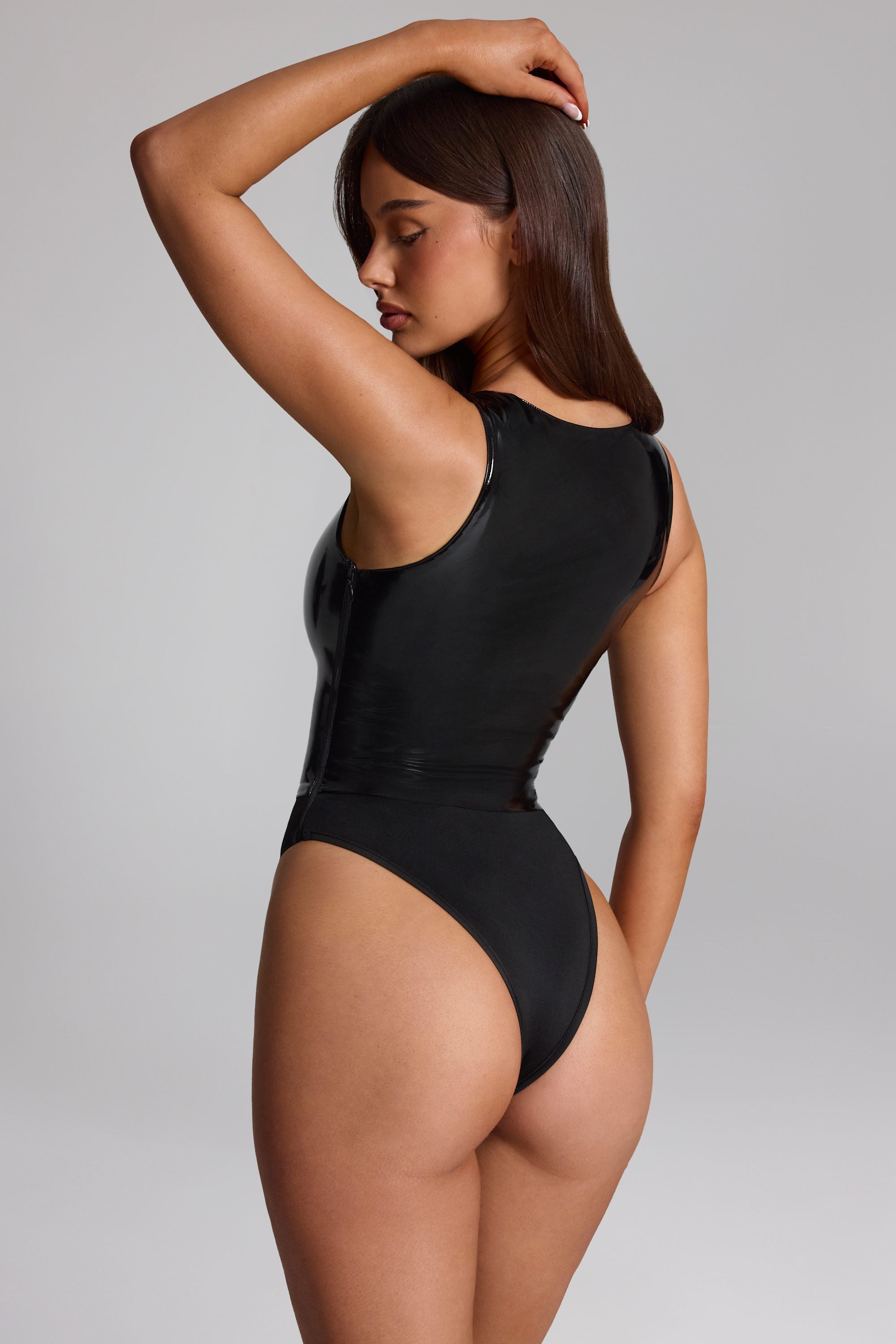 Siana Vinyl Plunge-Neck Bodysuit in Black | Oh Polly