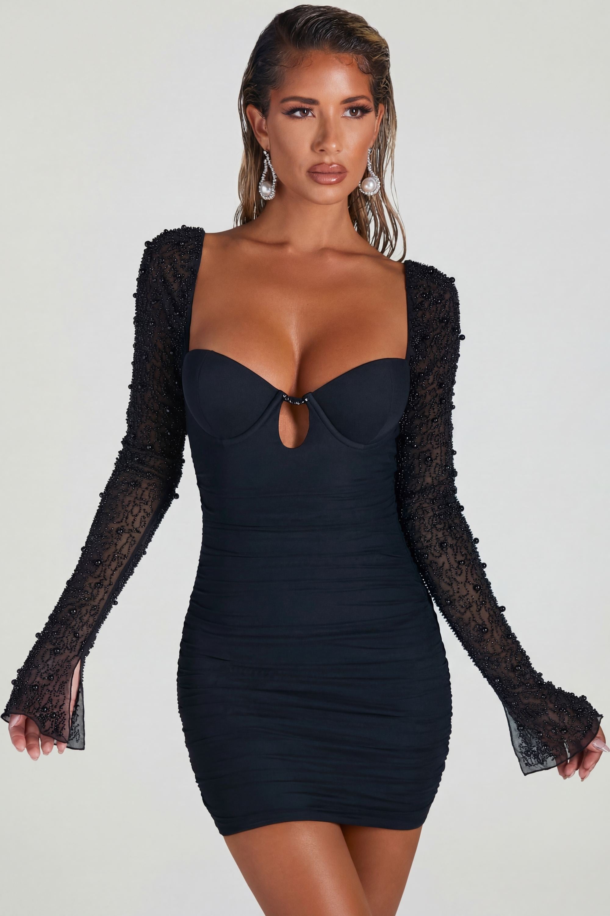 Embellished Long Sleeve Mini Dress in Black - 2 / Plus Cup