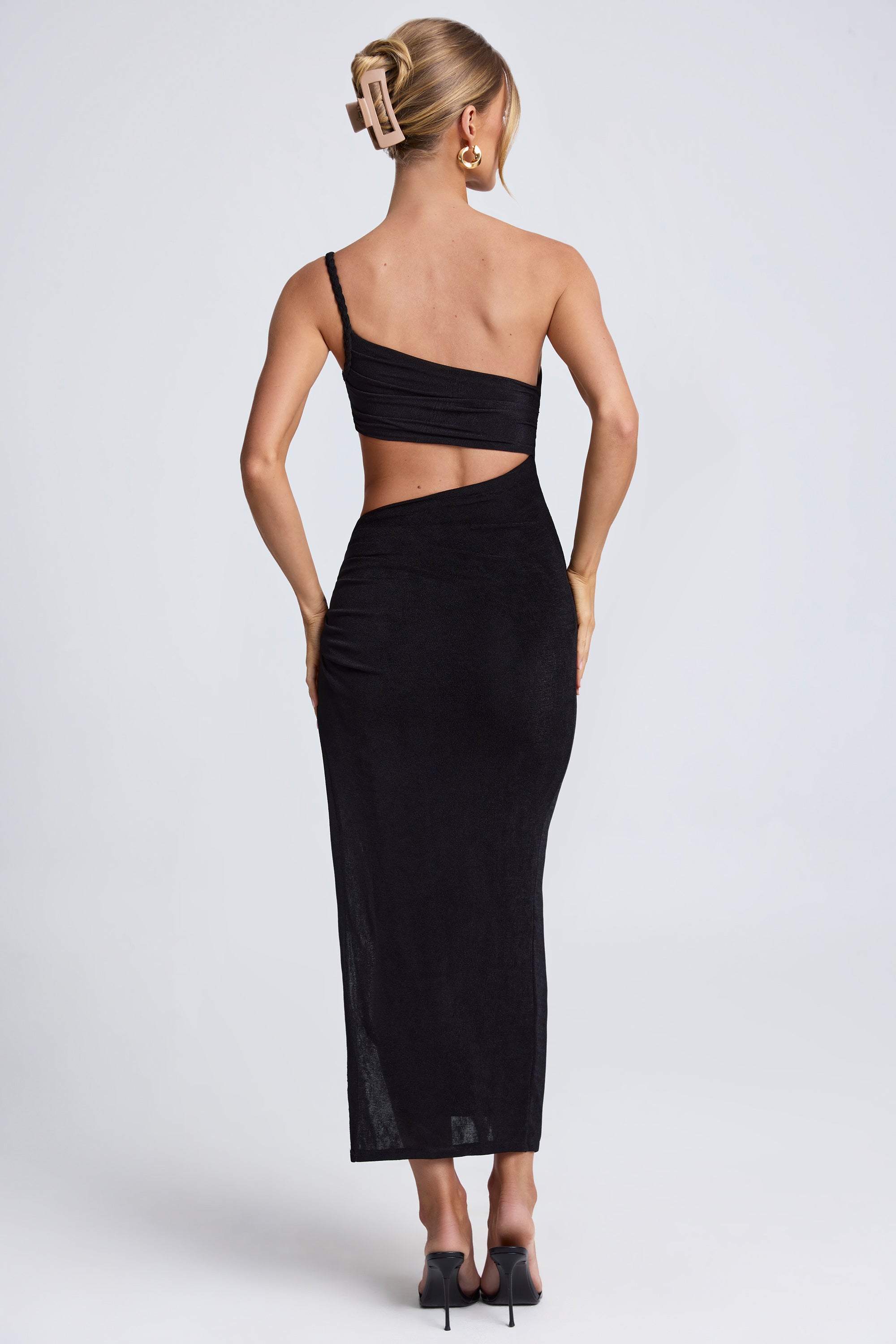 Ishtar One Shoulder Cut Out Maxi Dress in Black | Oh Polly