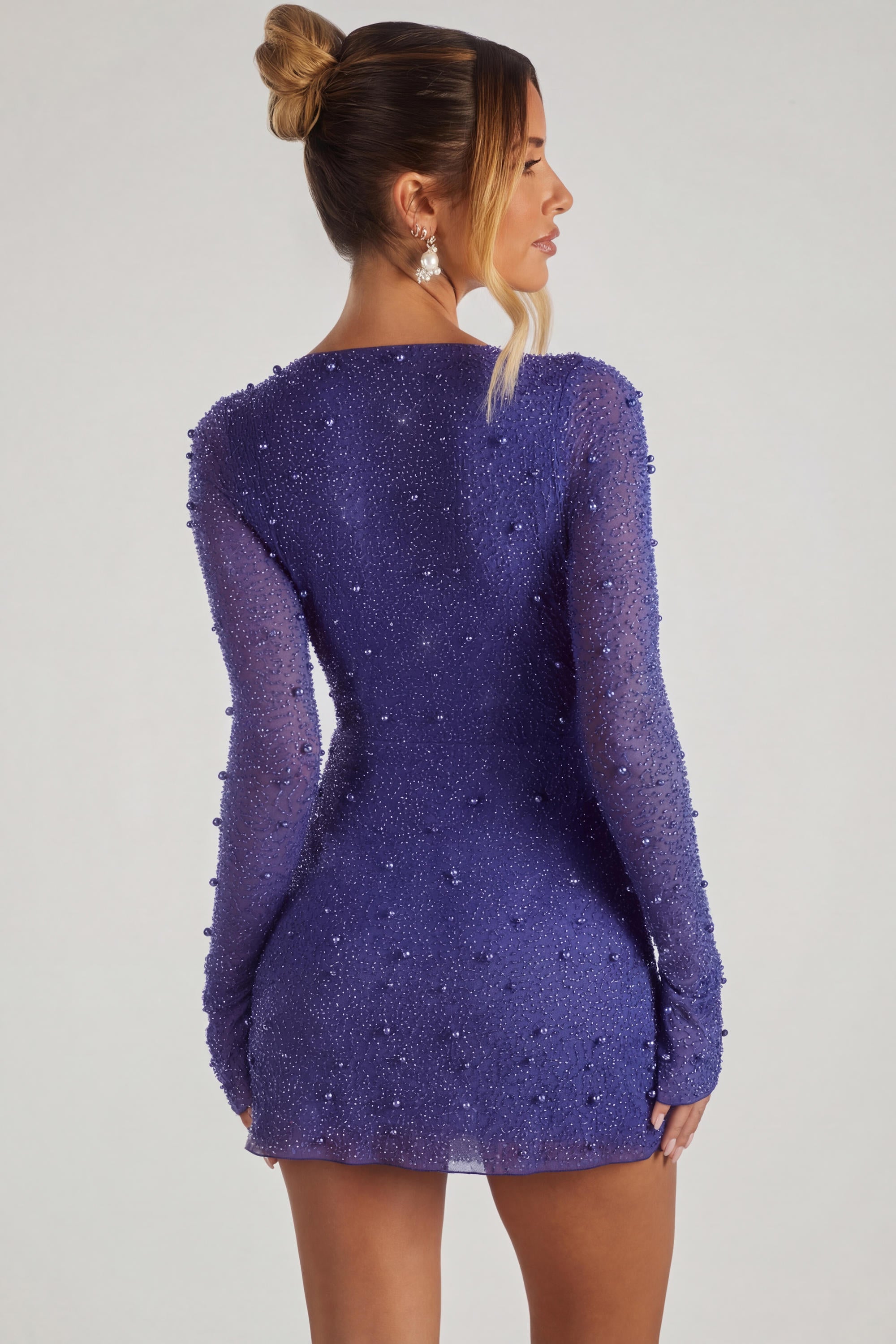 Embellished Wrap Over A-Line Mini Dress in Dark Blue - 2