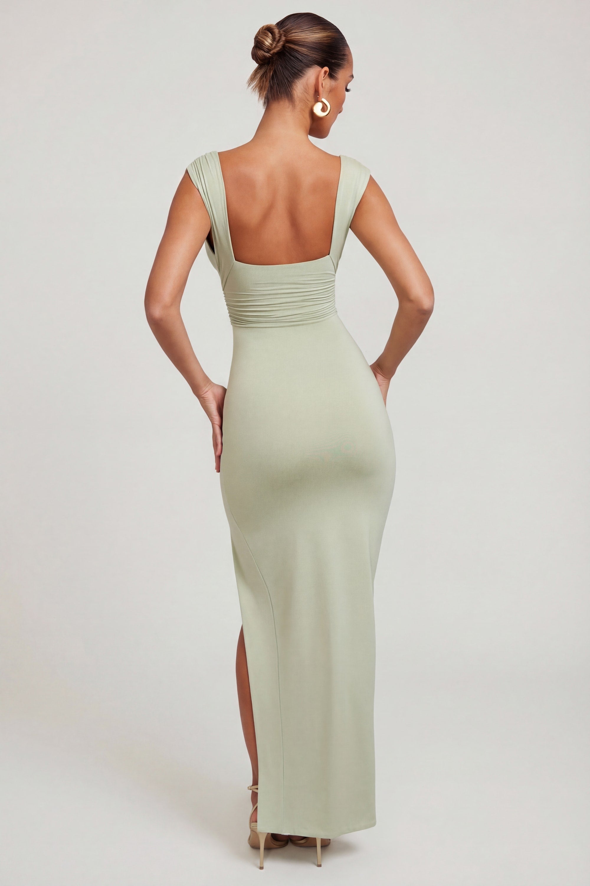 open lace back dress Yvette Slip Maxi Dress with Asymmetrical Hem / Sage | Meshki main image 0