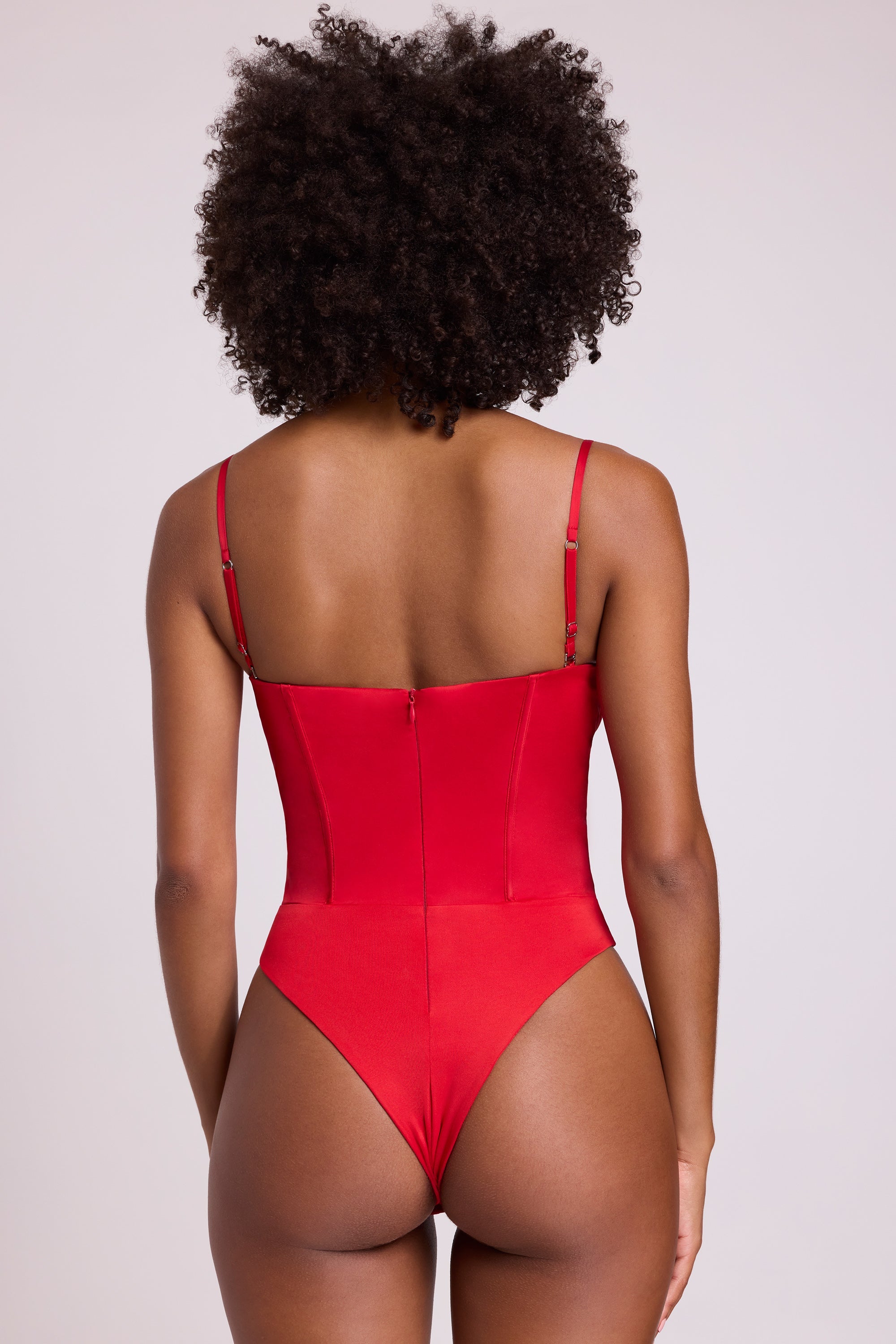Yelda Satin Plunge Neck Lace Up Corset Bodysuit in Fire Red Oh Polly