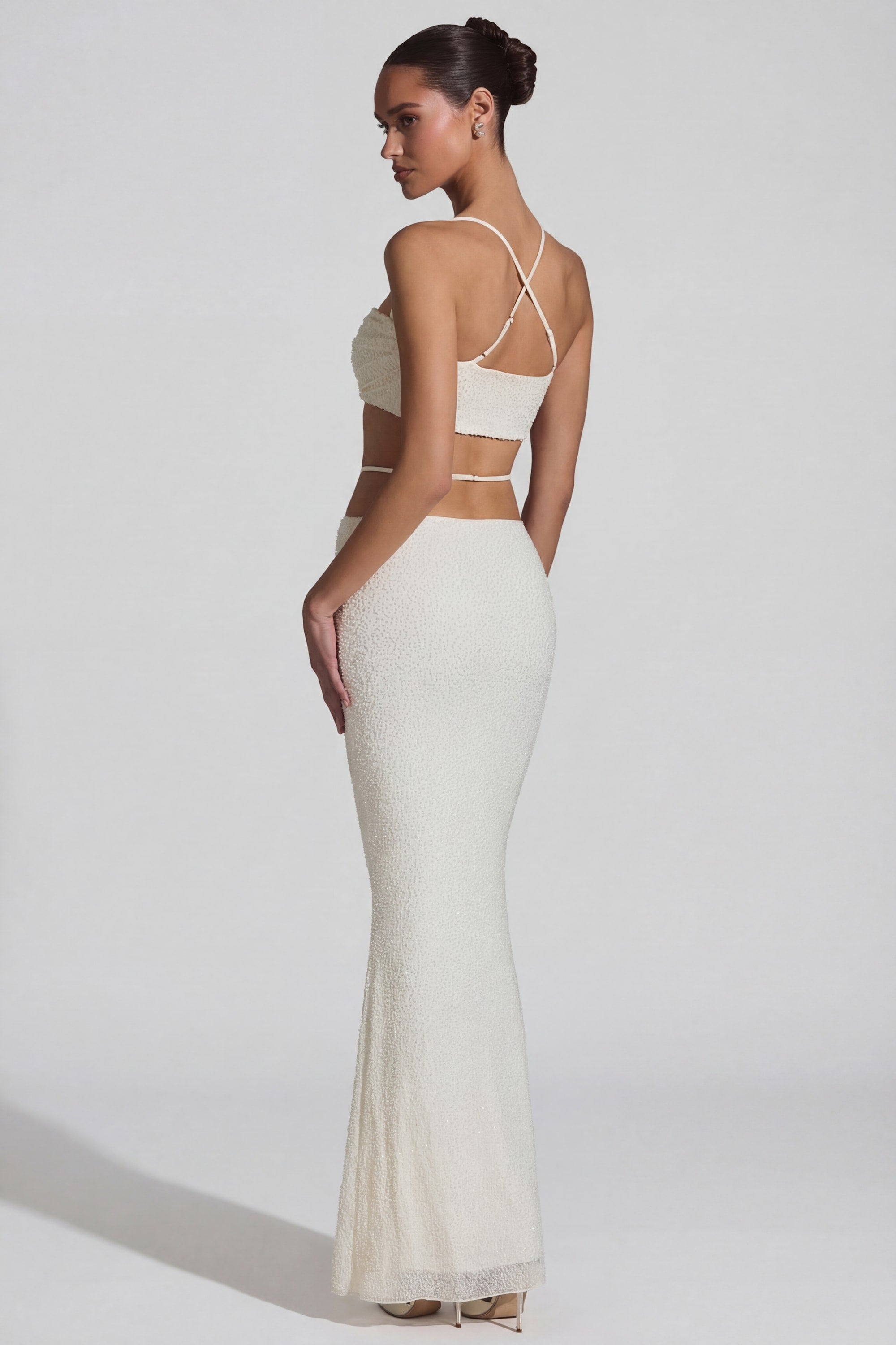 Pisa Embellished Cross Back Crop Top in White | Oh Polly