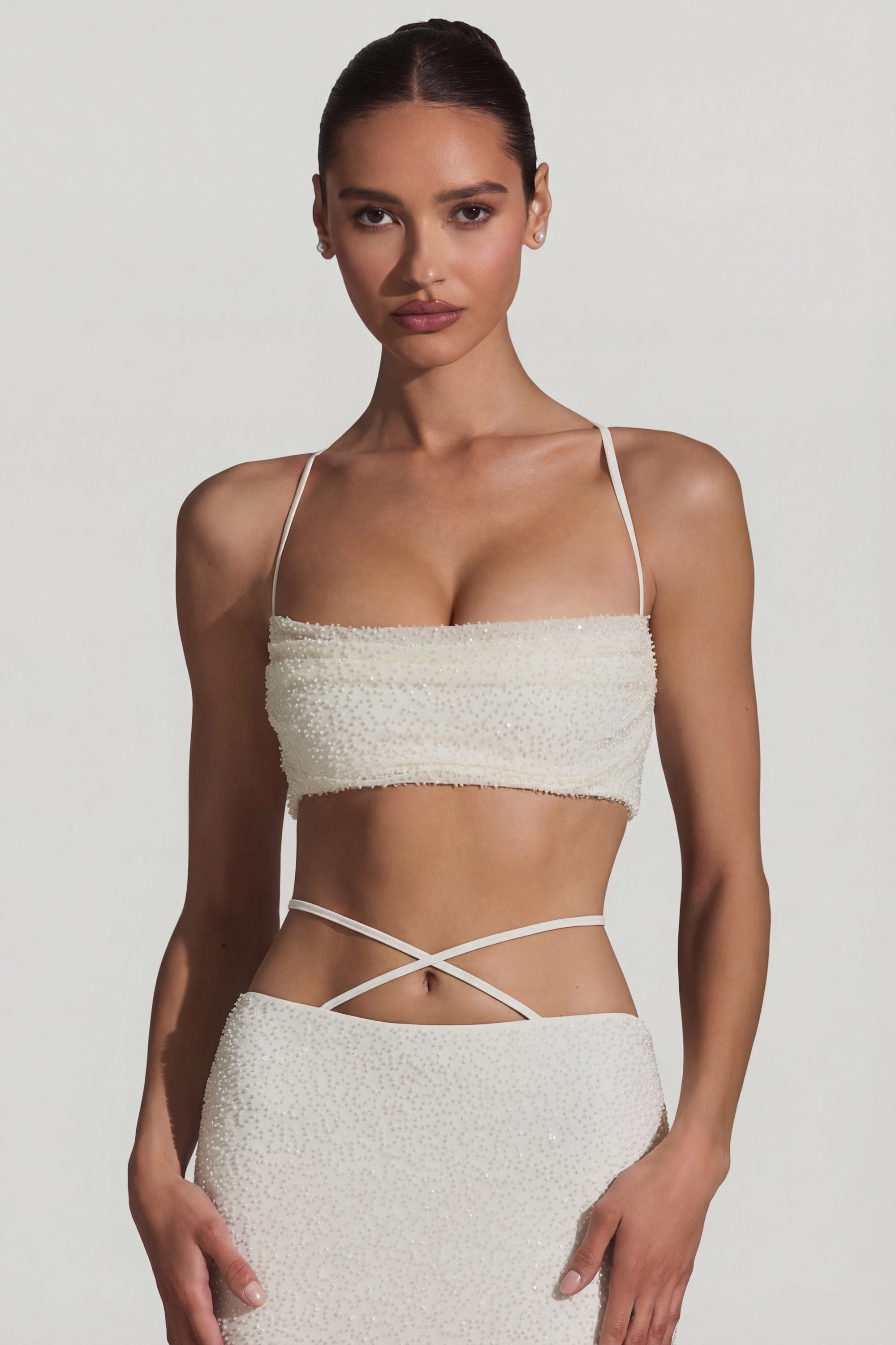 Pisa Embellished Cross Back Crop Top in White | Oh Polly