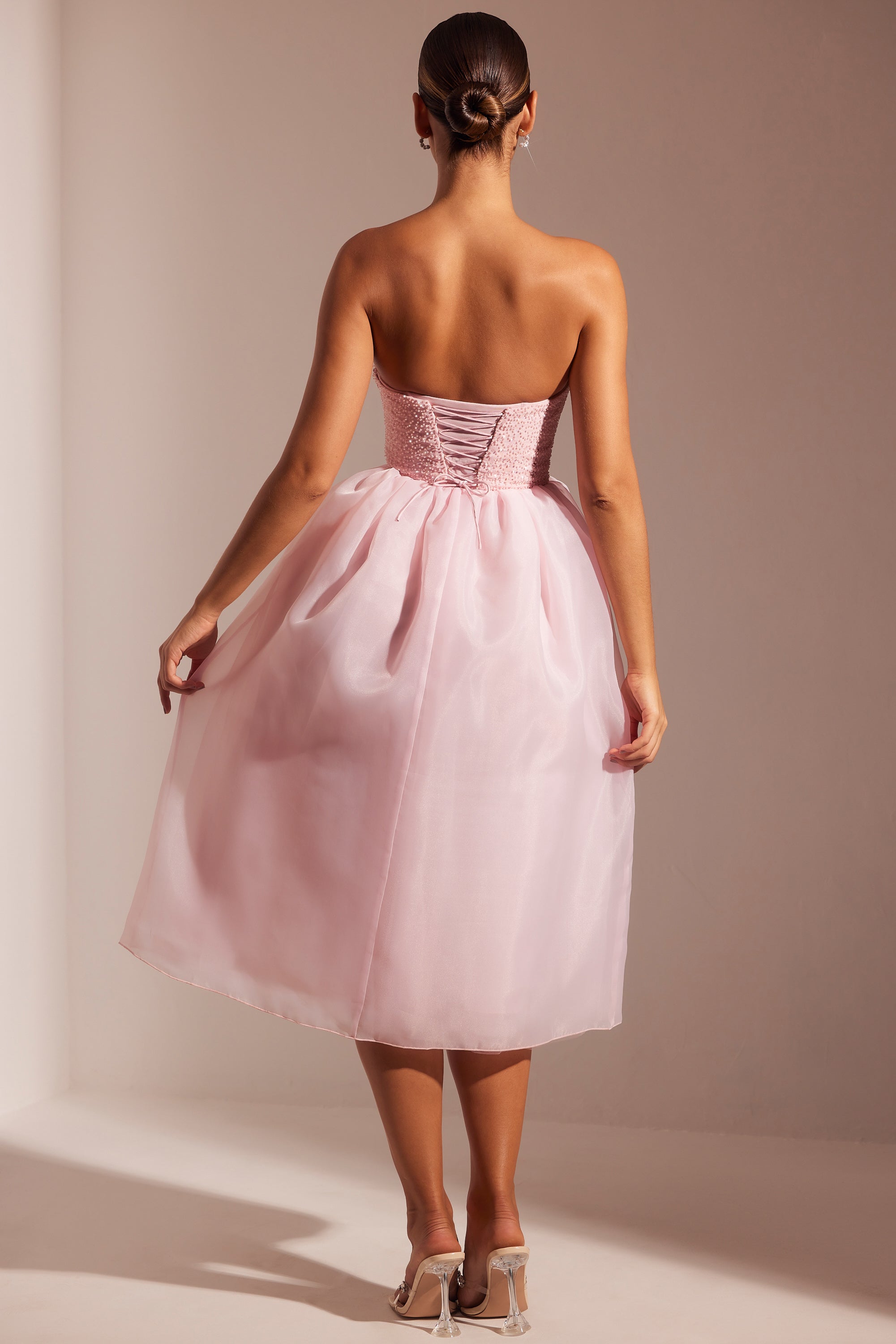 Rosette Embellished Corset Tulle Skirt Midi Dress in Blush Oh Polly