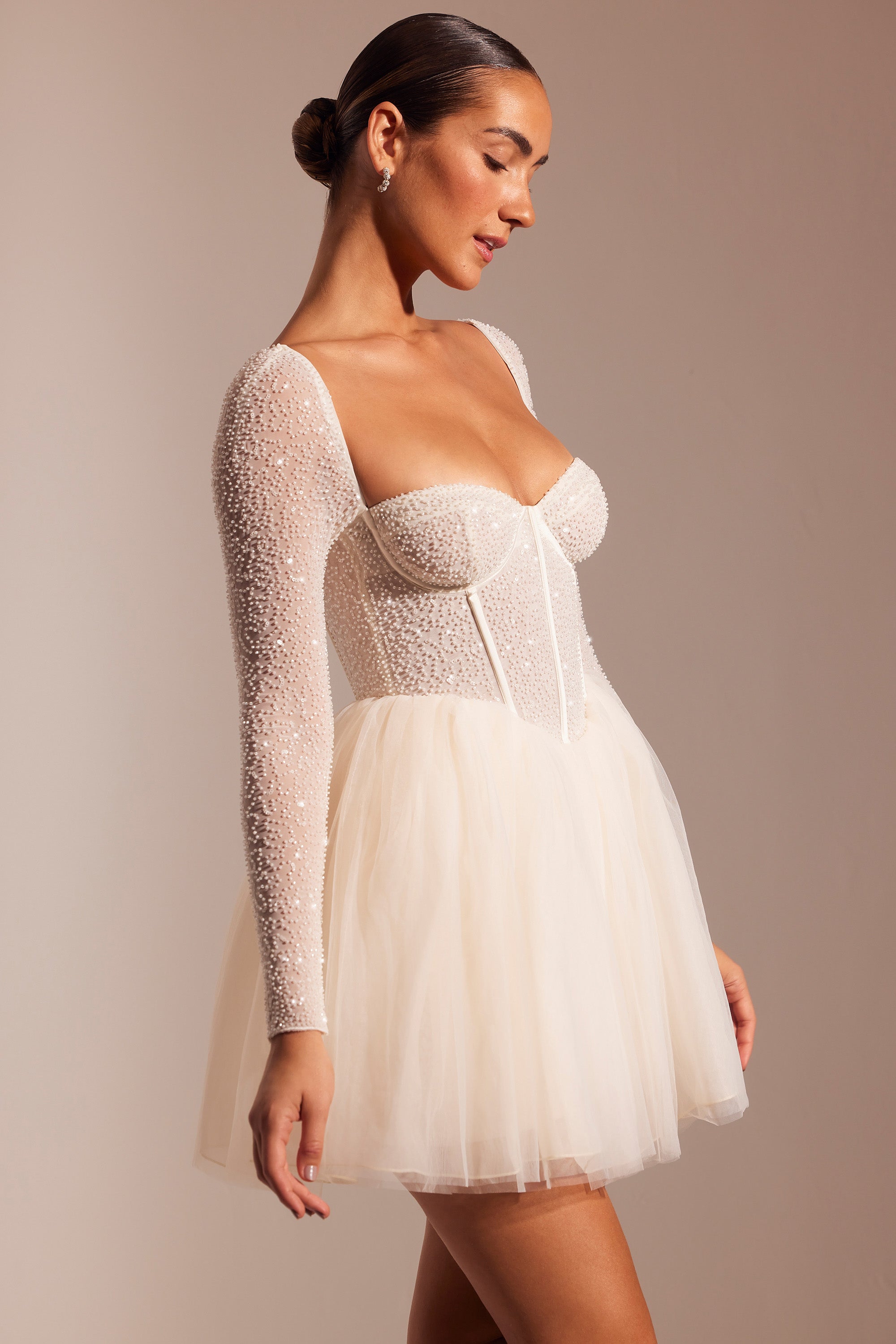 Calliope Embellished Long Sleeve Tulle Skirt Mini Dress in Ivory | Oh Polly Calliope Embellished Long Sleeve Tulle Skirt Mini Dress in Ivory | Oh Polly