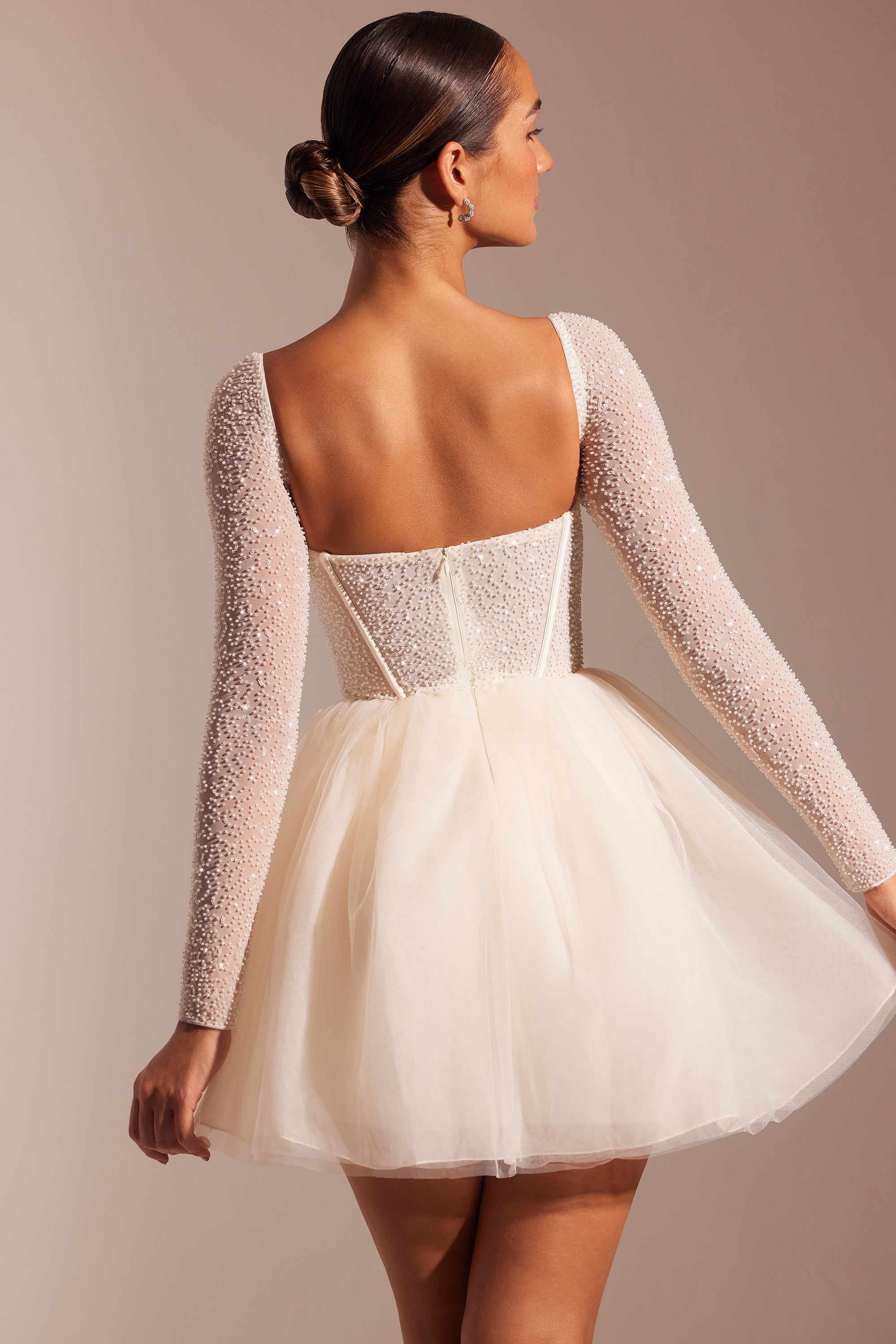 Embellished Long Sleeve Tulle Skirt Mini Dress in Ivory Embellished Long Sleeve Tulle Skirt Mini Dress in Ivory