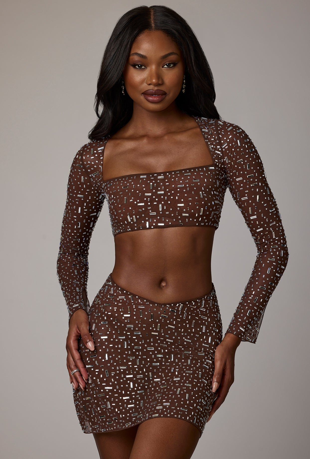 Sheer Embellished V Waist Mini Skirt in Deep Cocoa - 2 | Oh Polly Sheer Embellished V Waist Mini Skirt in Deep Cocoa - 2 | Oh Polly