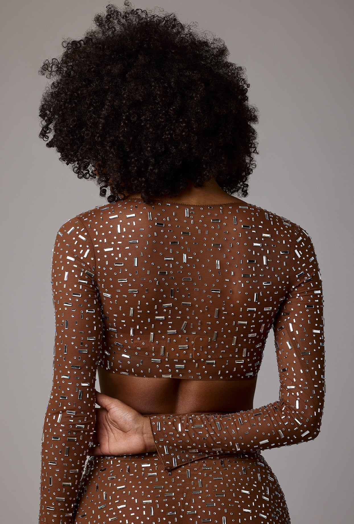 Guilia Sheer Embellished Long Sleeve Square Neck Crop Top in Mocha | Oh Polly Guilia Sheer Embellished Long Sleeve Square Neck Crop Top in Mocha | Oh Polly