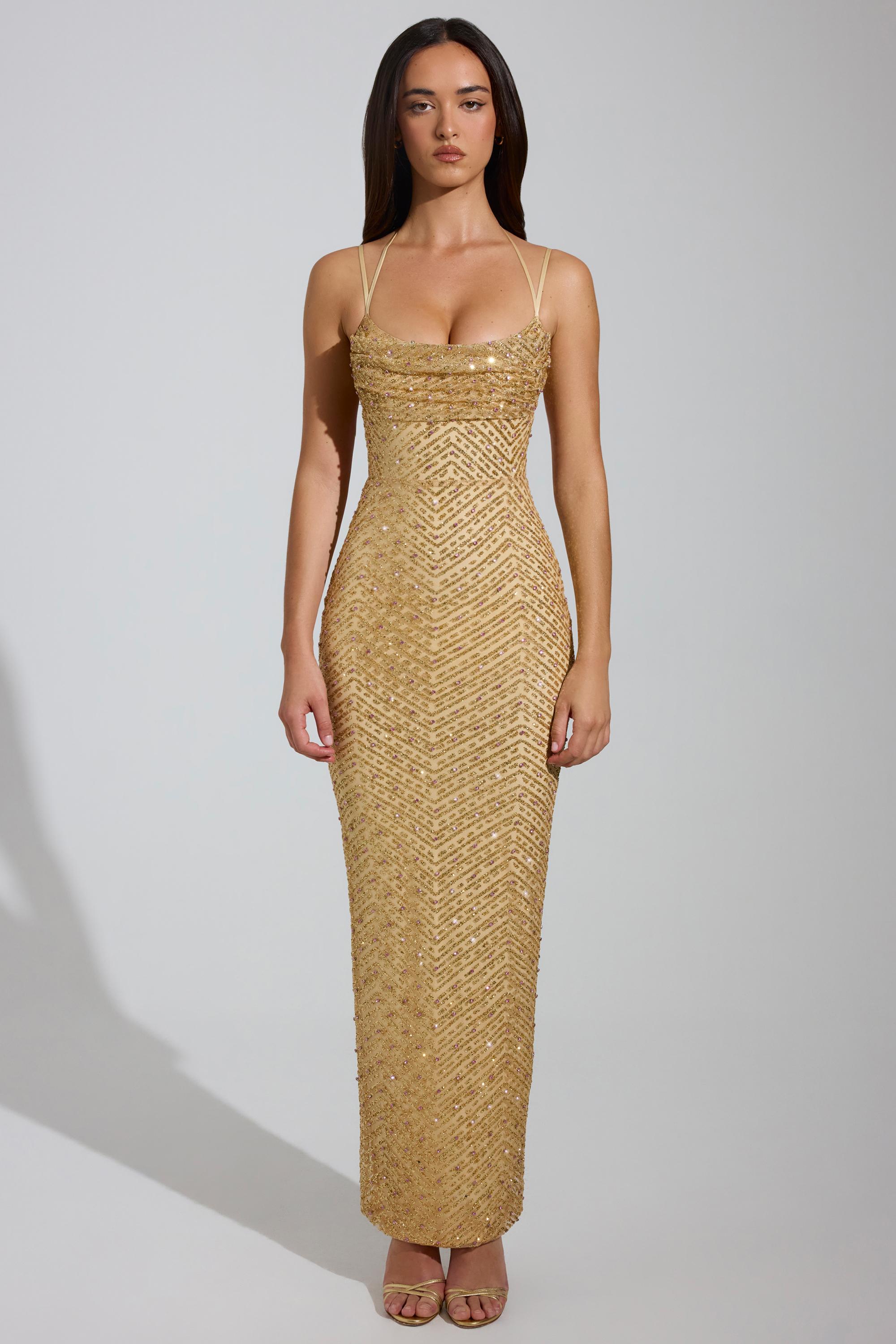 Constance Embellished Cowl-Neck Maxi Dress in Gold