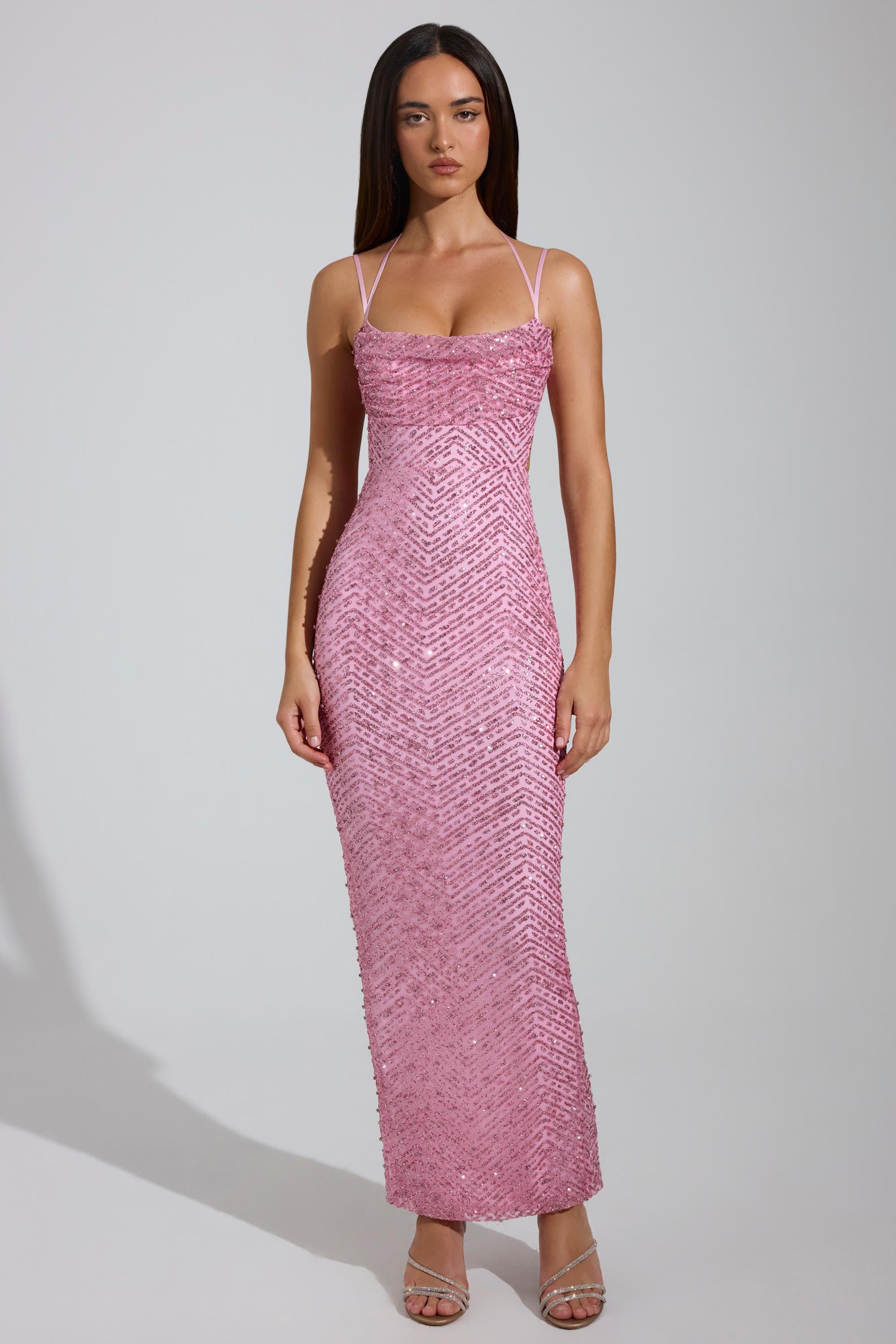 Embellished Cowl-Neck Maxi Dress in Pink - 6