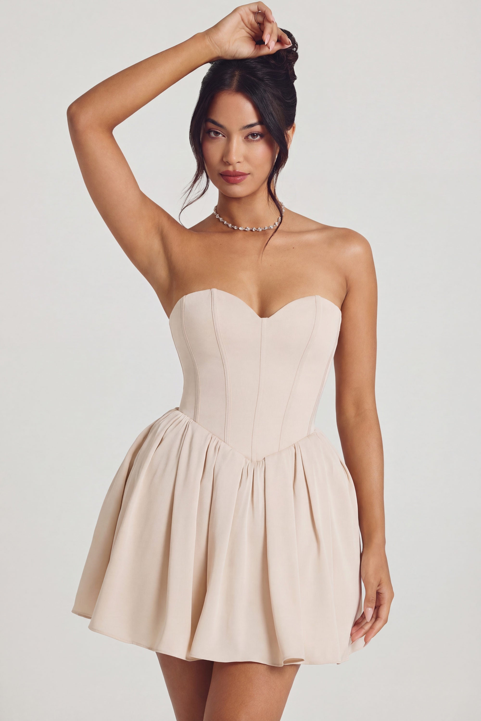 oh polly dress Milan Long Sleeve Embellished Corset Mini in Ivory Cowl neckline Corset Tulle Mini Dress in