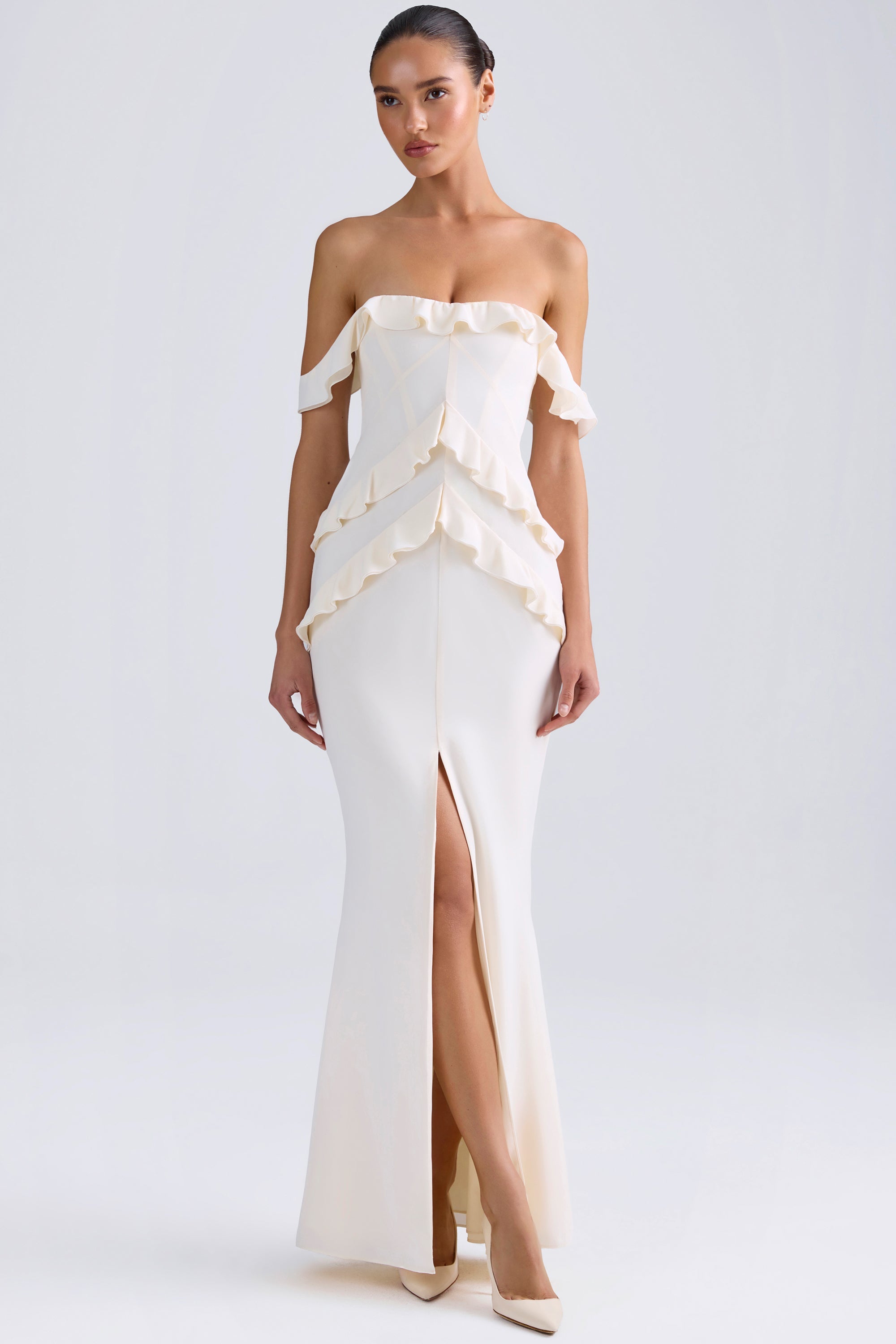 Hemera Off-Shoulder Ruffle-Trim Gown in Ivory