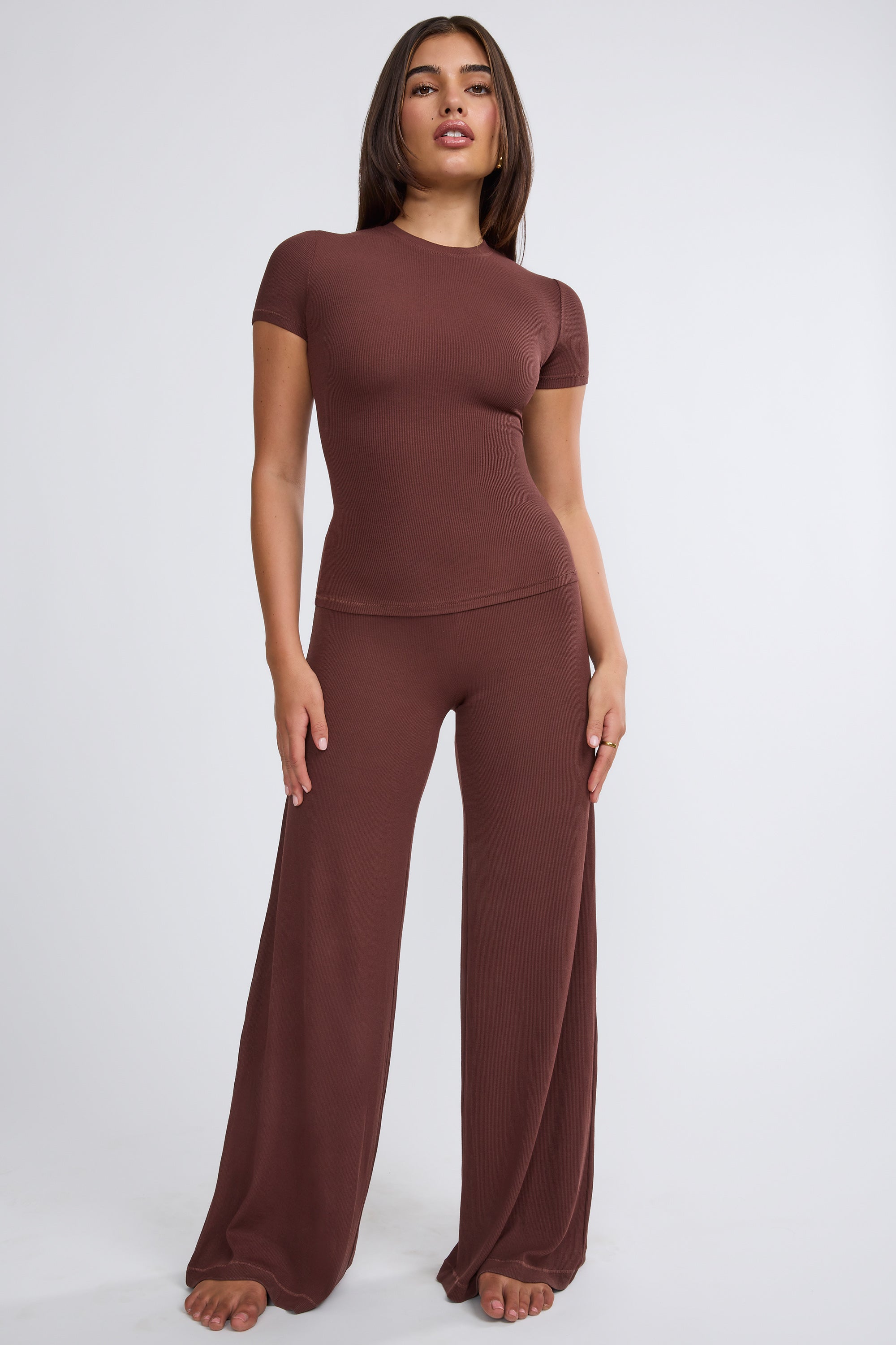 Nour Tall Mid Rise Wide Leg Trousers in Chocolate | Oh Polly