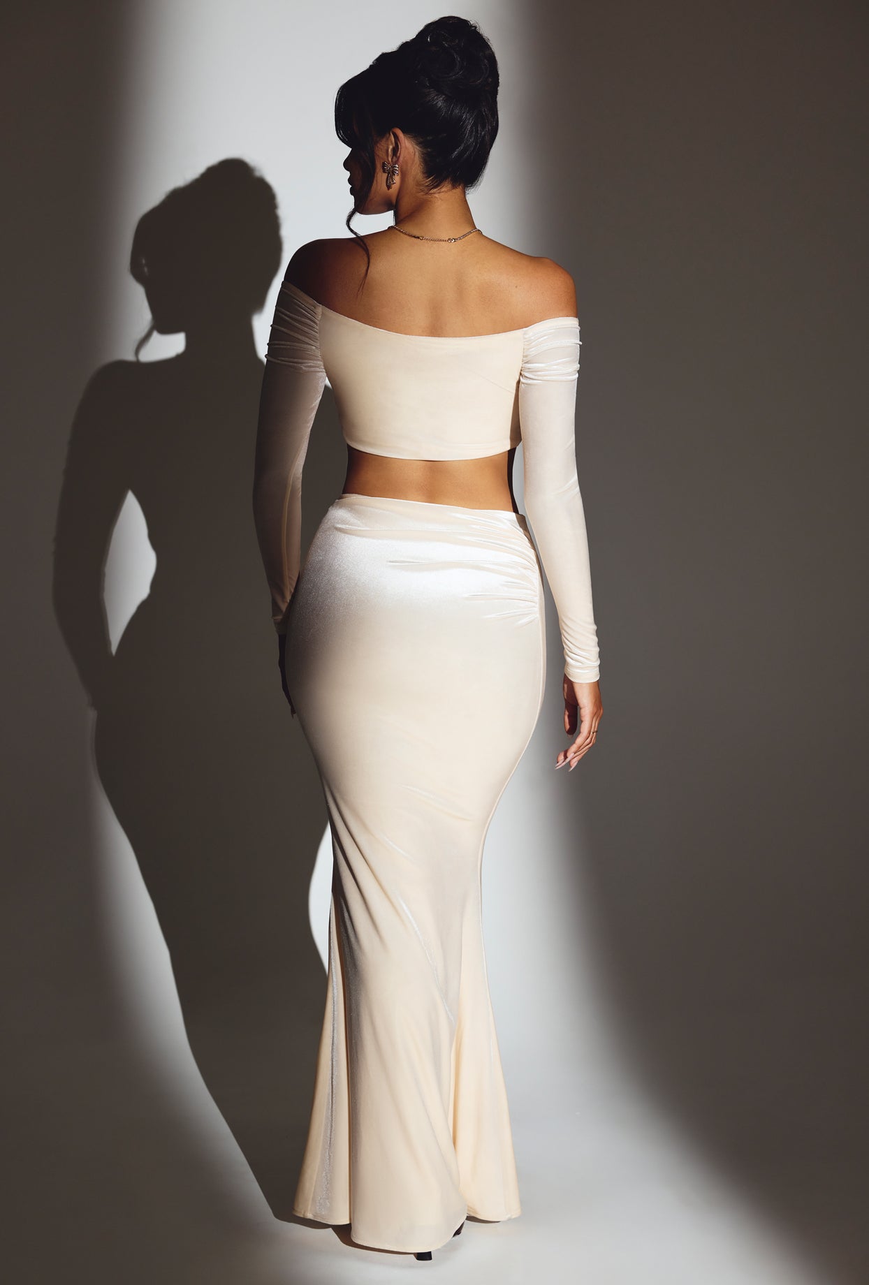 Velvet Off-Shoulder Ruched Crop Top in Ivory - 12 | Oh Polly Velvet Off-Shoulder Ruched Crop Top in Ivory - 12 | Oh Polly