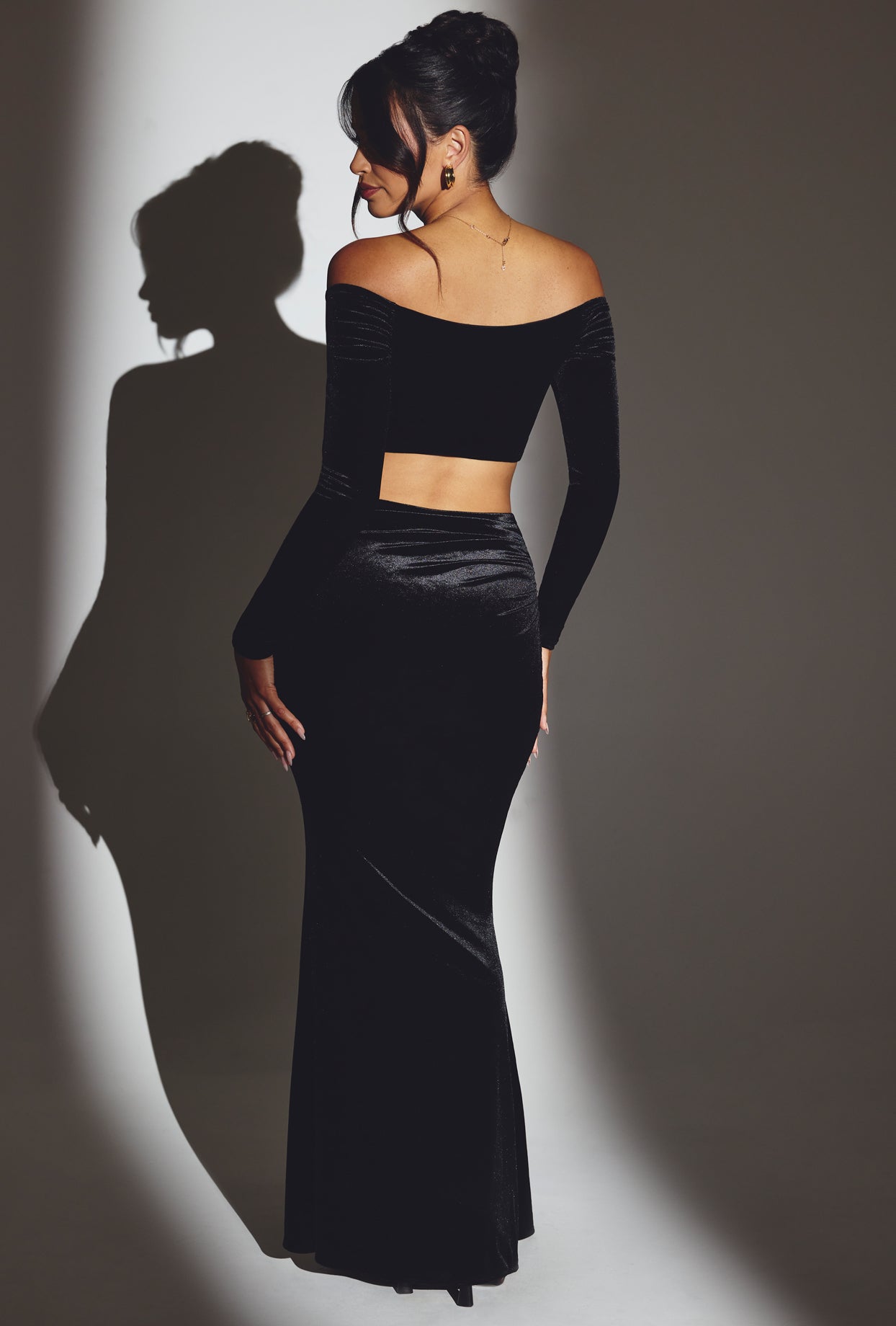 Velvet Off-Shoulder Ruched Crop Top in Jet Black - 2 | Oh Polly Velvet Off-Shoulder Ruched Crop Top in Jet Black - 2 | Oh Polly