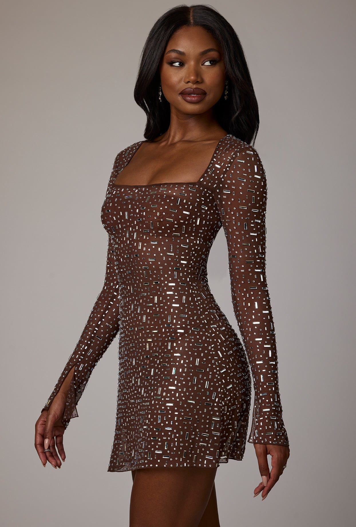 Zeta Sheer Embellished Long Sleeve A-Line Mini Dress in Deep Cocoa | Oh Polly Zeta Sheer Embellished Long Sleeve A-Line Mini Dress in Deep Cocoa | Oh Polly