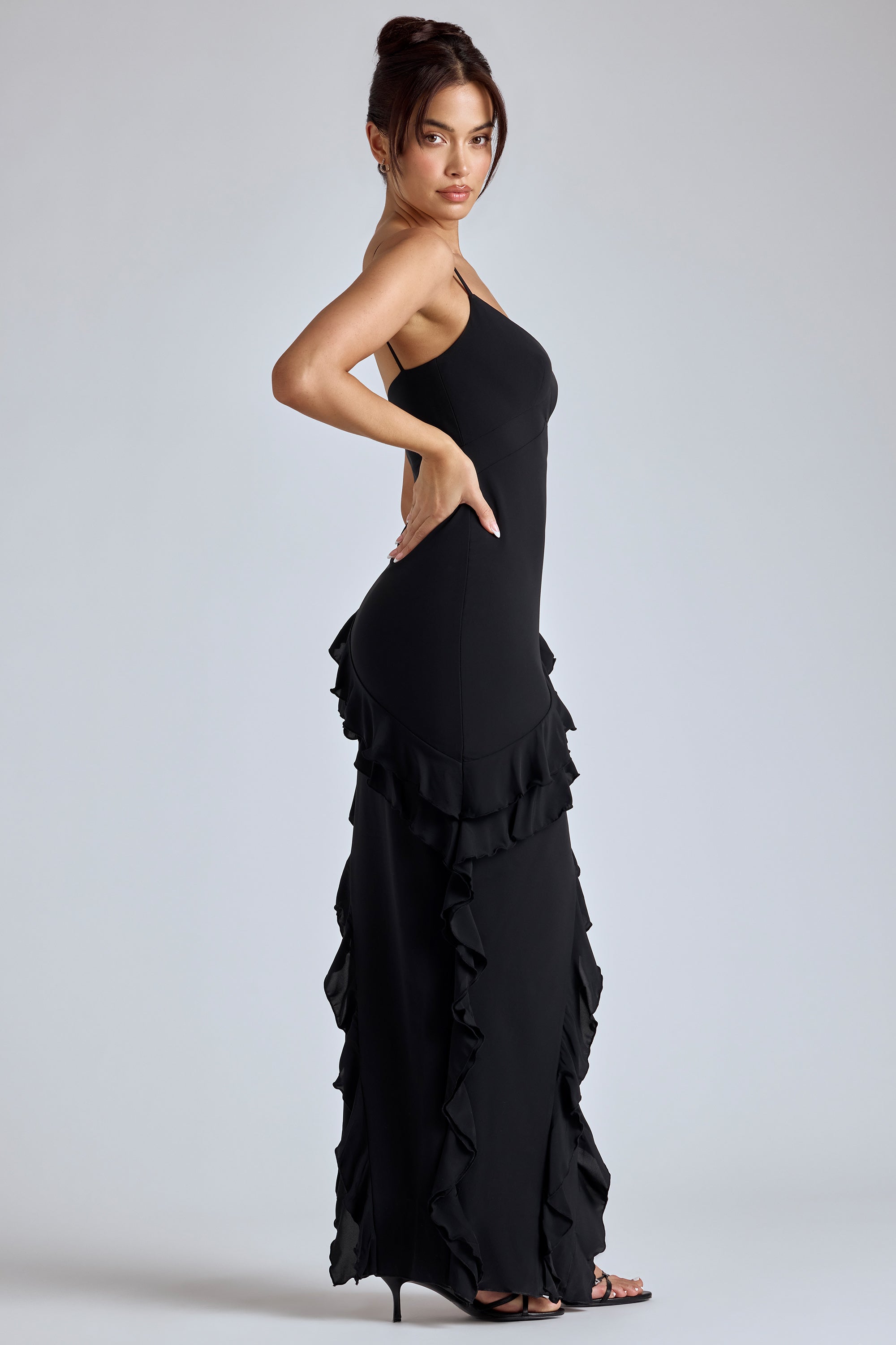 Panelled Ruffle Evening Gown in Black - 10 | Oh Polly Panelled Ruffle Evening Gown in Black - 10 | Oh Polly
