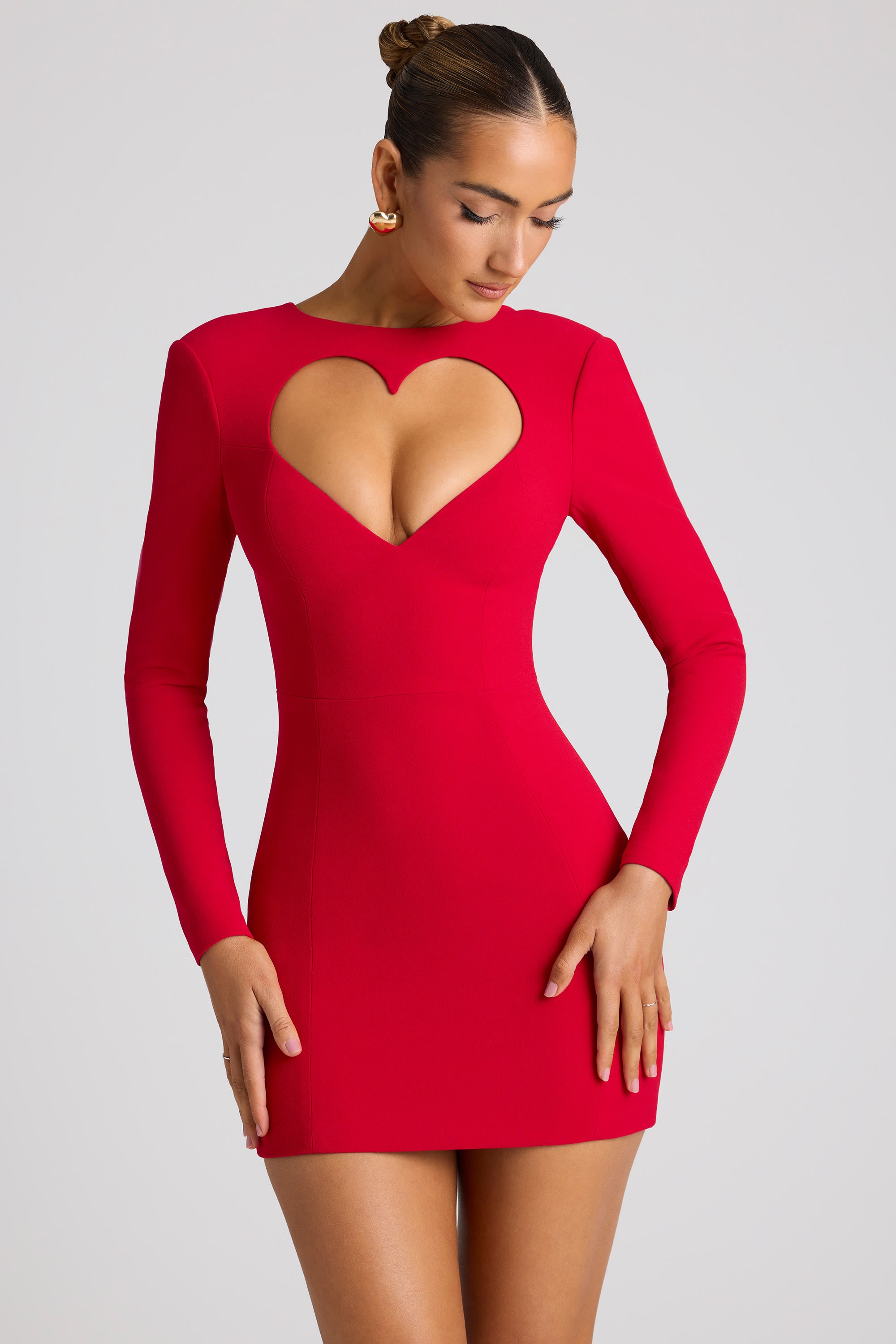 Luciana Heart Cut Out Long Sleeve Mini Dress in Fire Red | Oh Polly