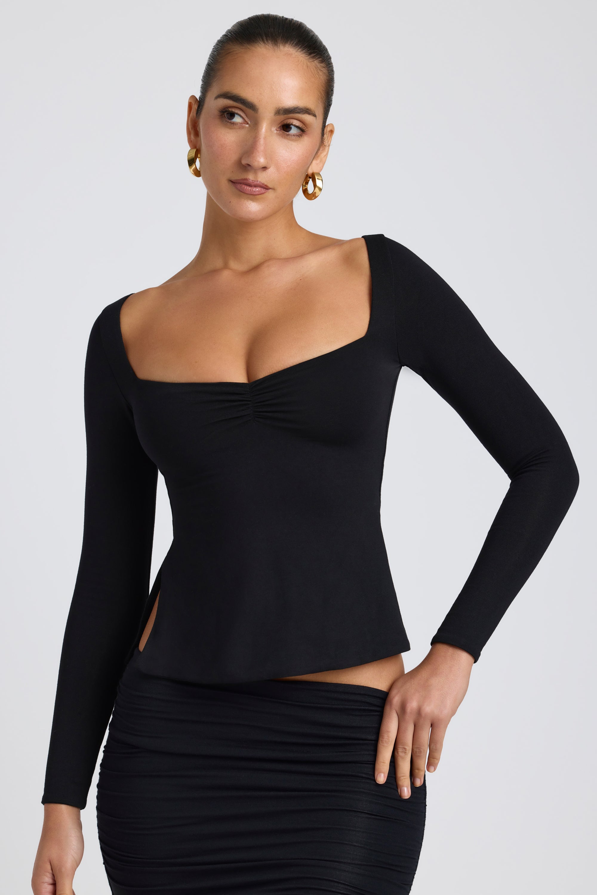 Fiora Modal Sweetheart Neckline Long Sleeve Top in Black