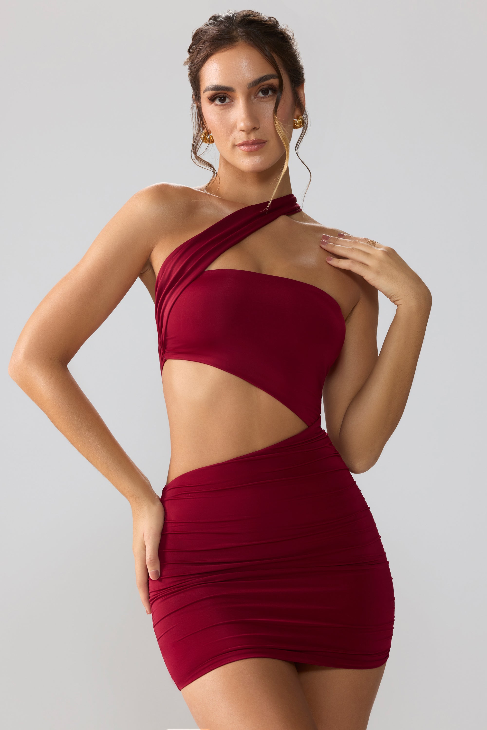 Slinky Jersey Ruched Cut Out Mini Dress in Ruby - 10 | Oh Polly Slinky Jersey Ruched Cut Out Mini Dress in Ruby - 10 | Oh Polly