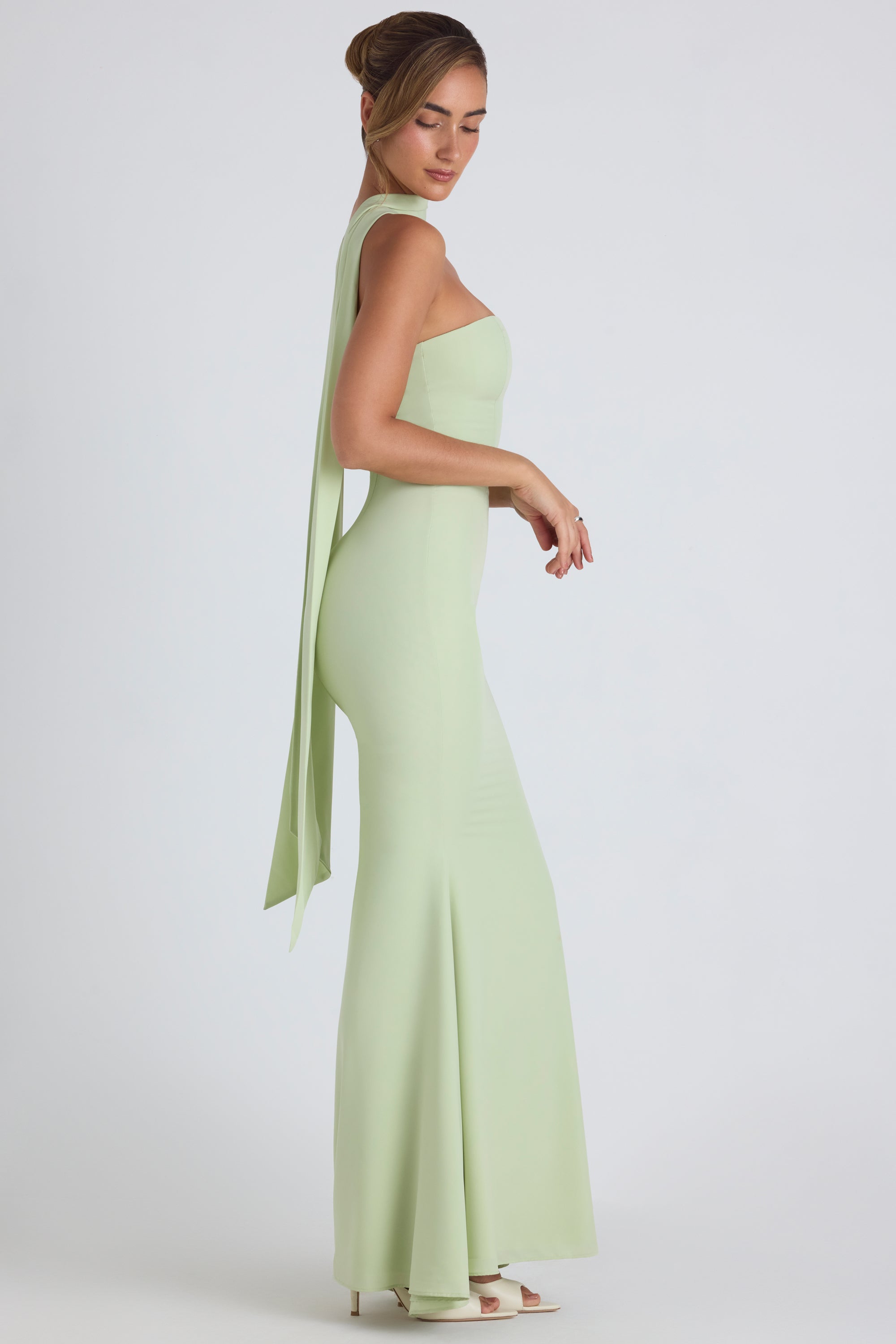Scarf-Detail Strapless Gown in Spring Green - Main Image